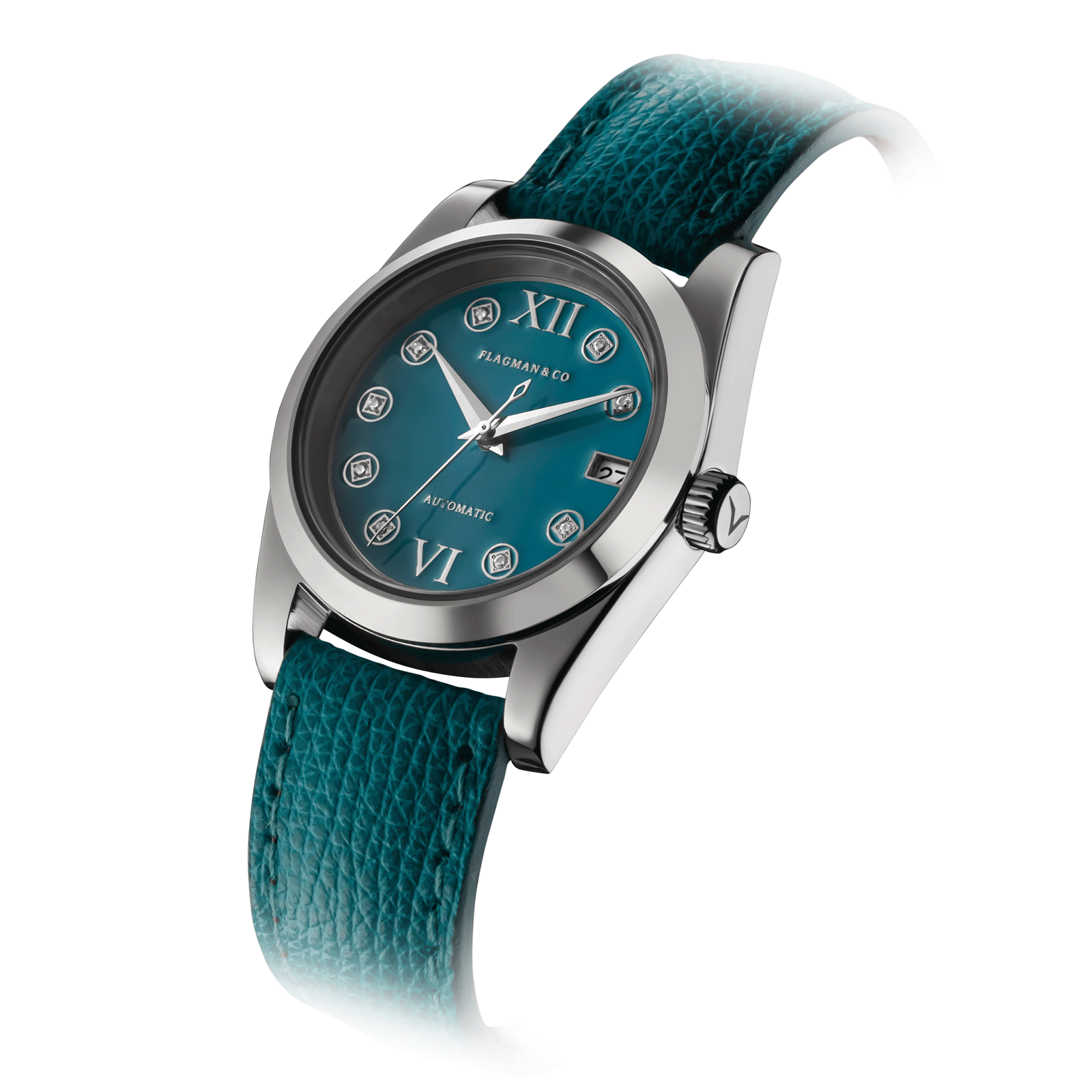 Detailed front view of Womens handmade watch dial, strap and its crown - Lumine Azure