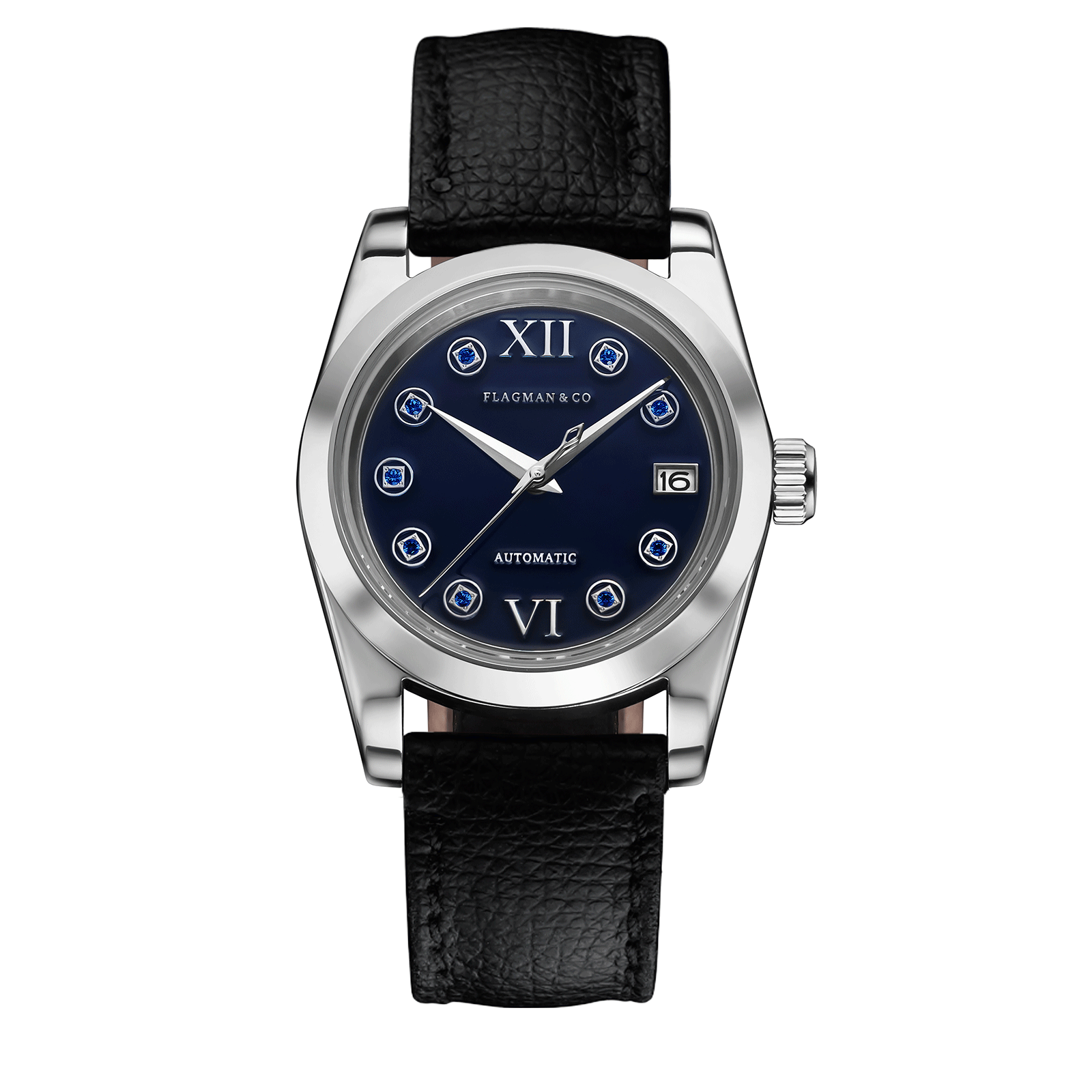 Womens handmade watch Lumine blue with Deep-Black leather strap #color_deep black