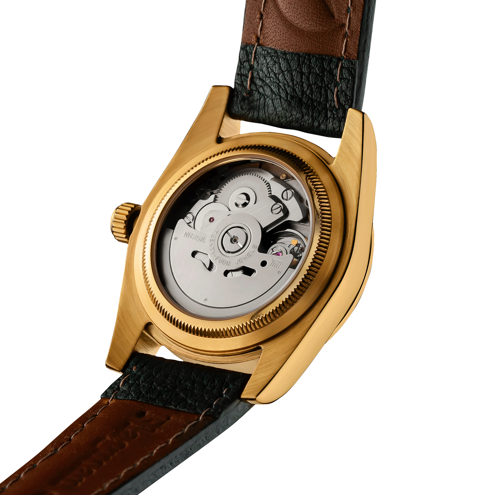 Back view of Handmade watch Lumine green exposed movement