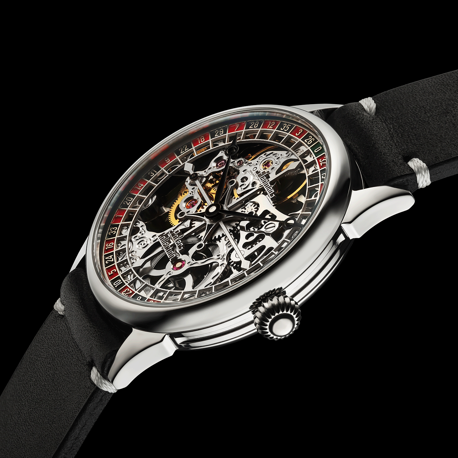 Front view detail of Roulette 1.0 watch poker skeleton watch
