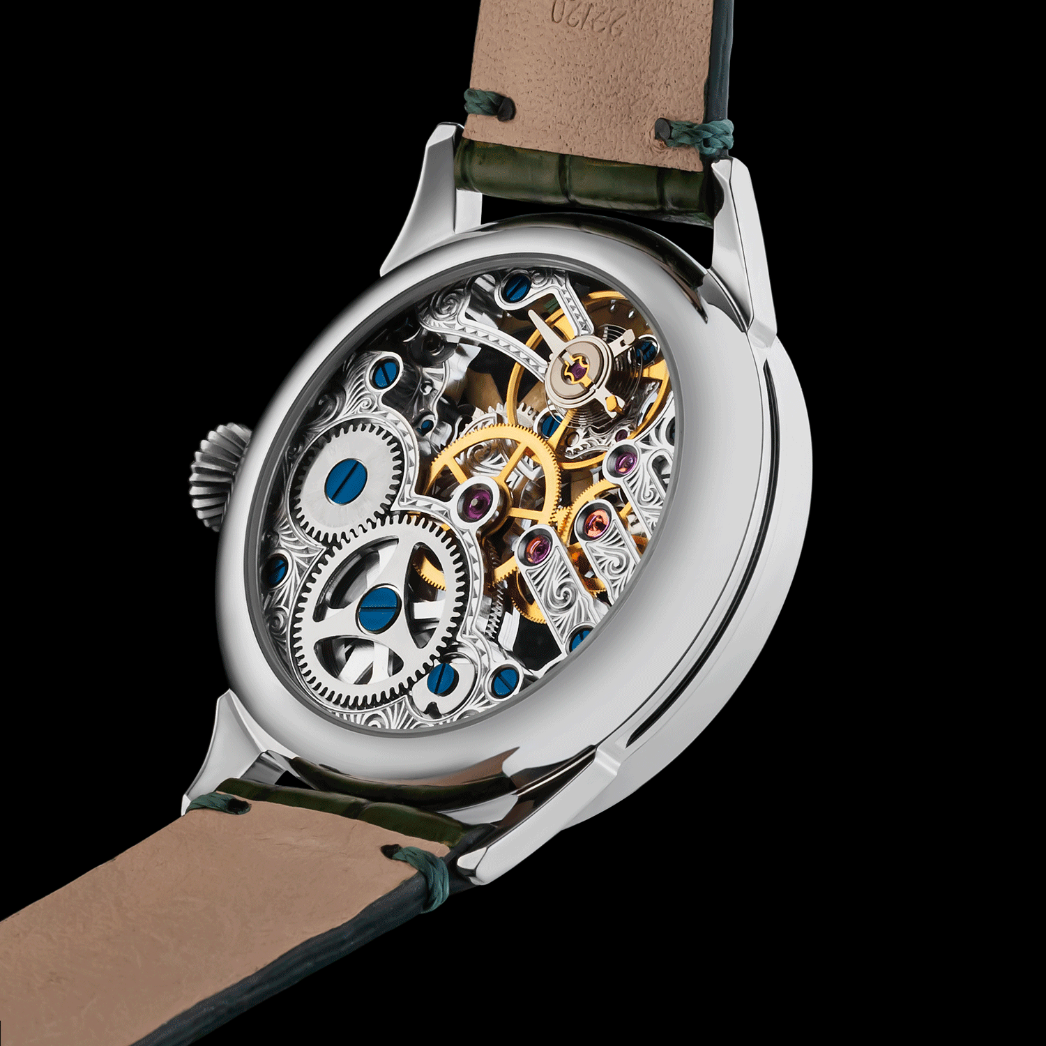 Rear view of freemason watch Mystery Emerald showing open caseback and movement