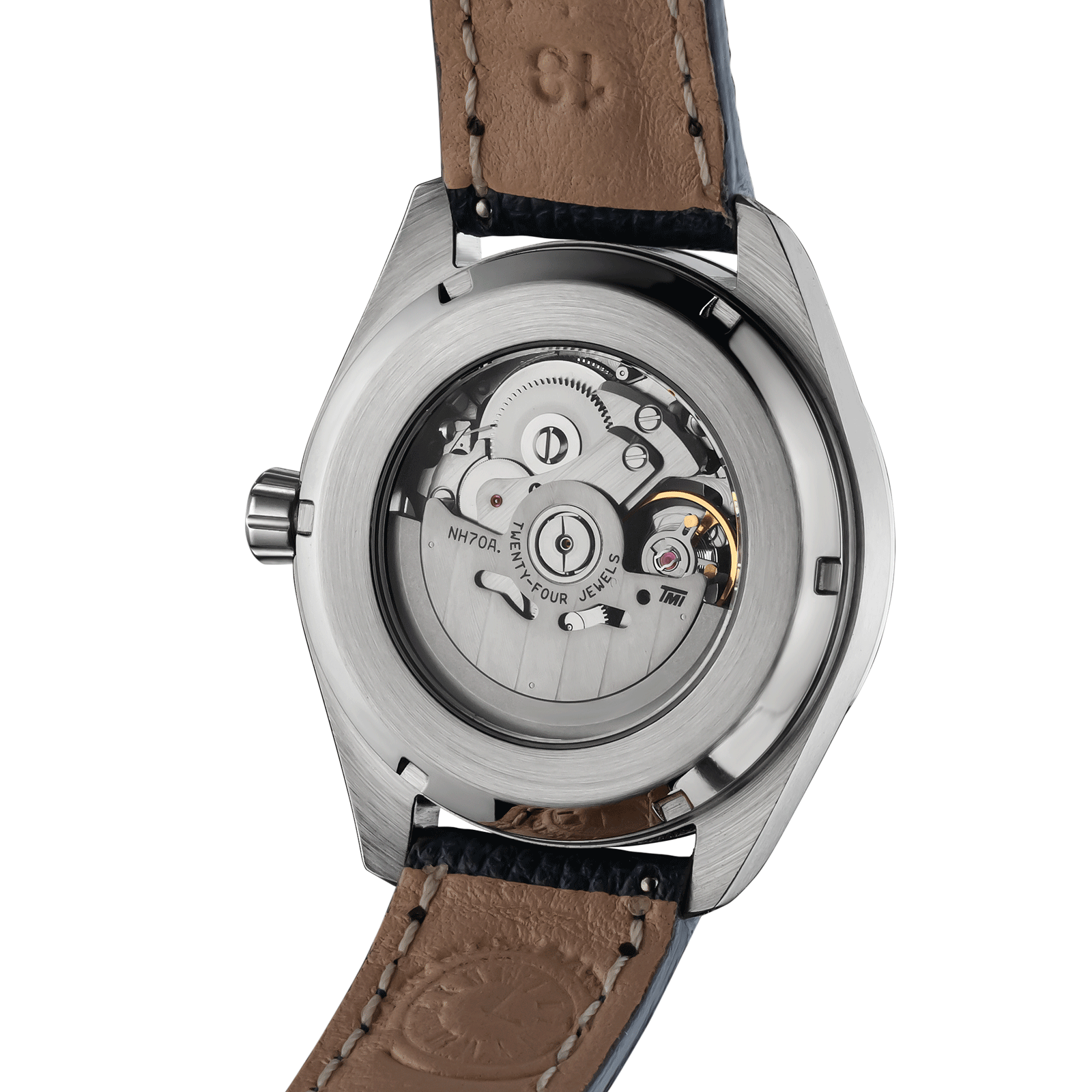 Back view of Masonic Mechanical watch Noctua Blue – exposed movement