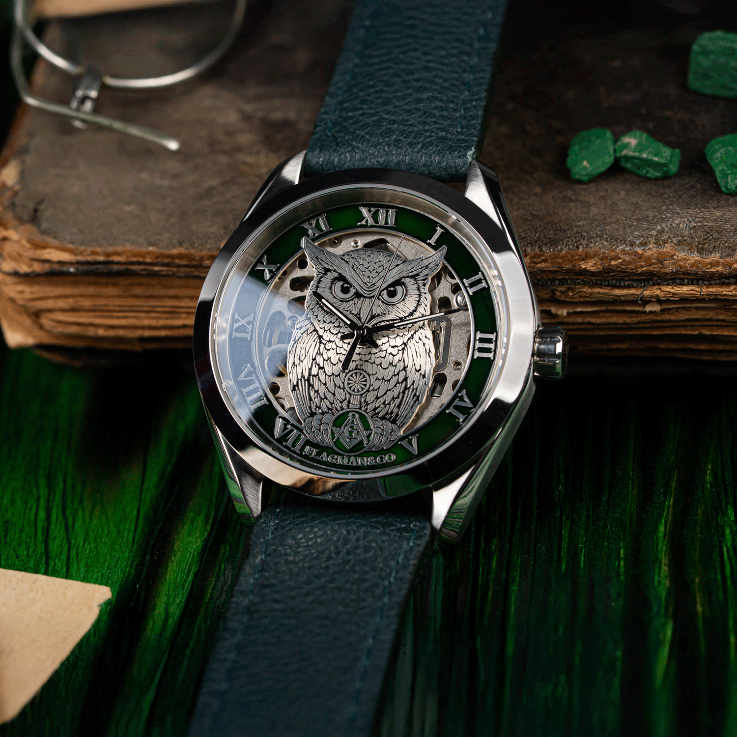 Noctua green skeleton watch - front close-up view, live photo