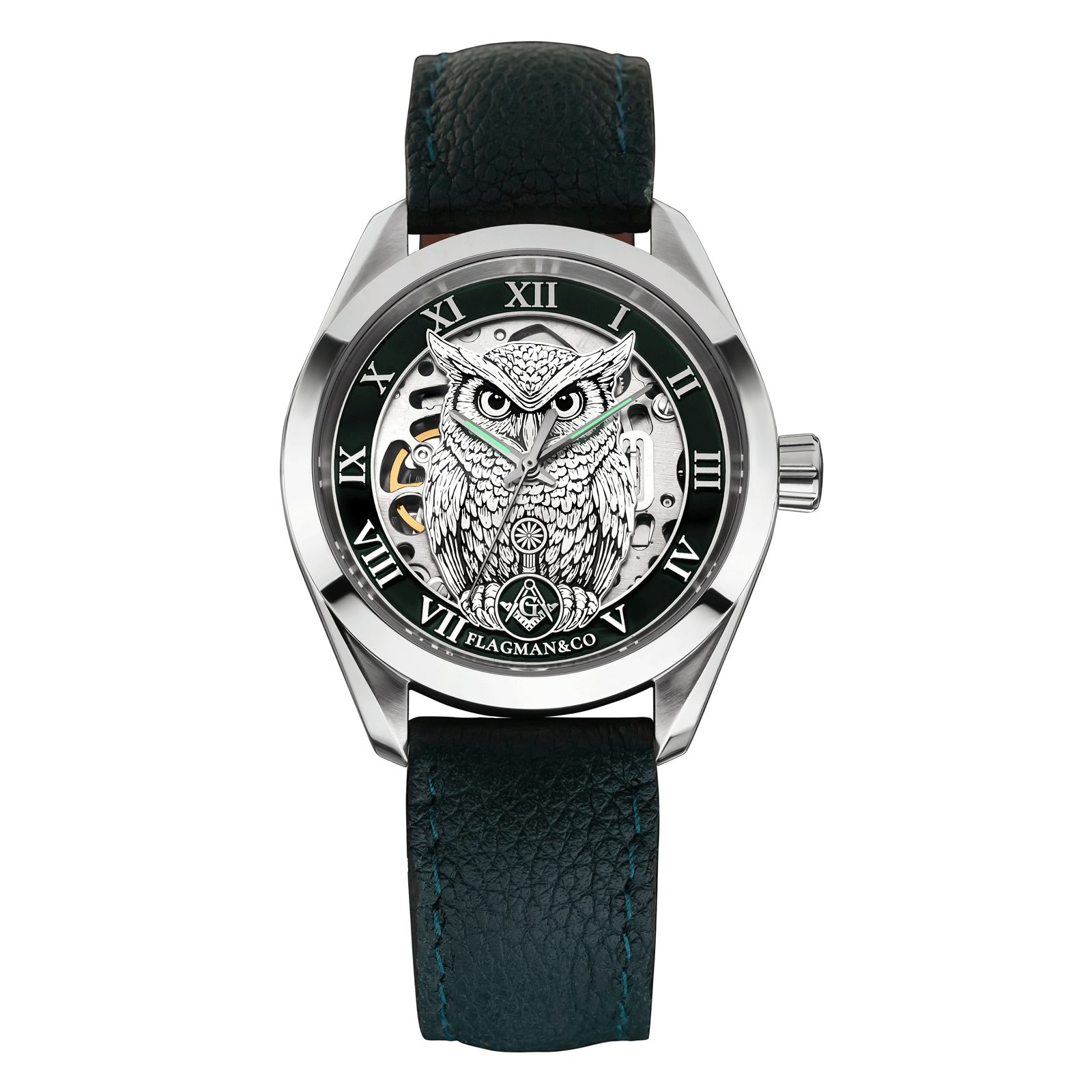 Mechanical Masonic watch with Green Strap - Noctua Green #color_green