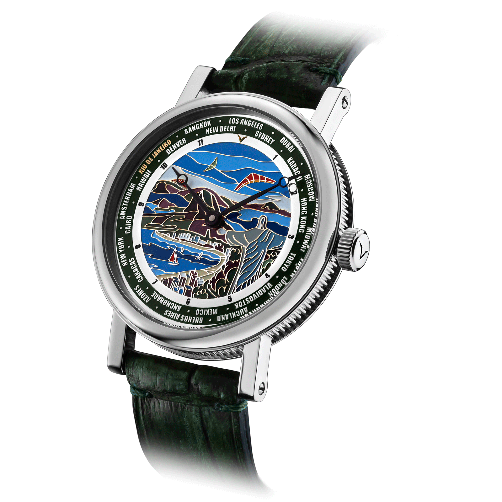 Designer watch with side crown and detailed case finish - Rio watch