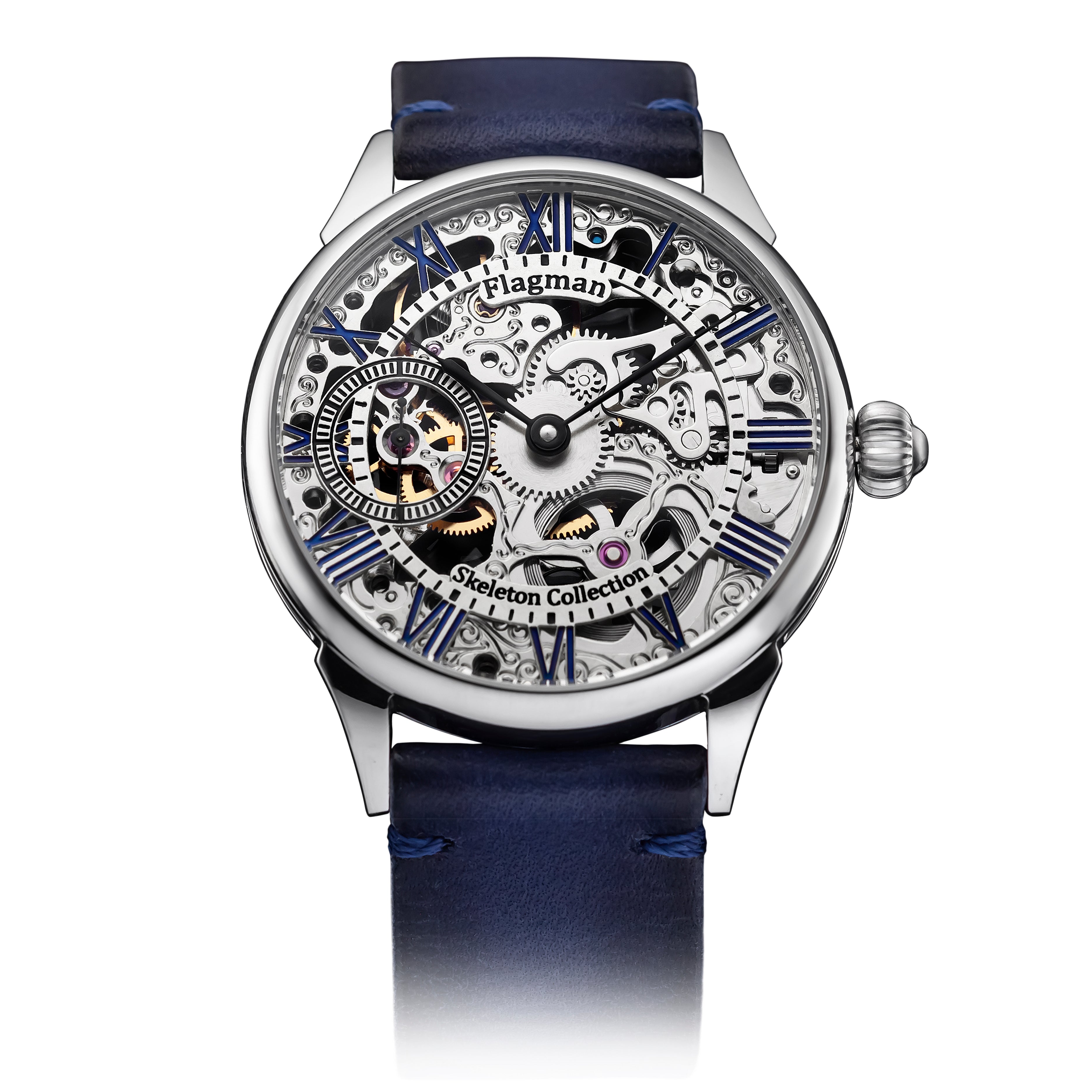 Blue Leather Strap on Rome Skeleton Watch #color_blue