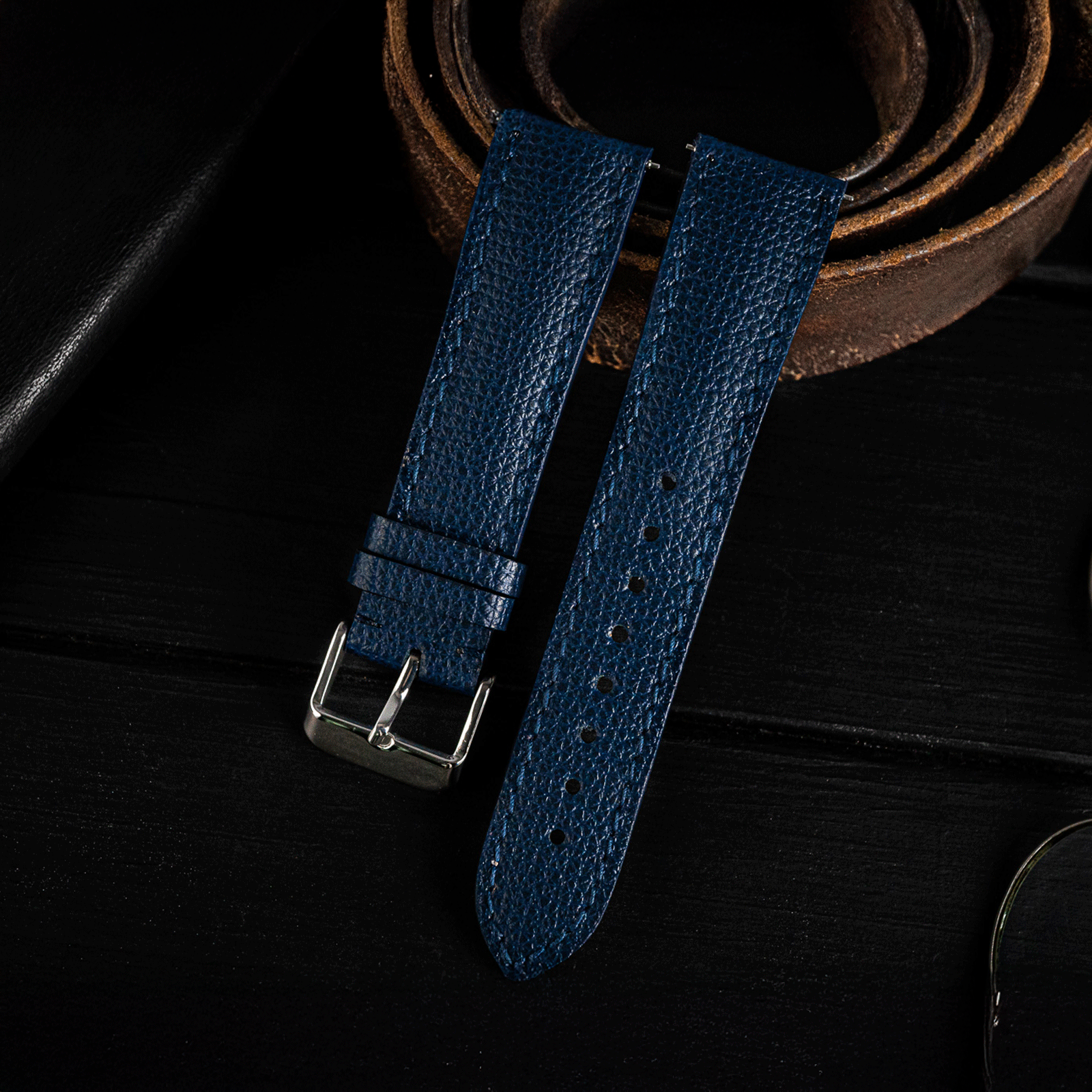 Blue Italian Safian leather Handmade watch strap, lifestyle photo