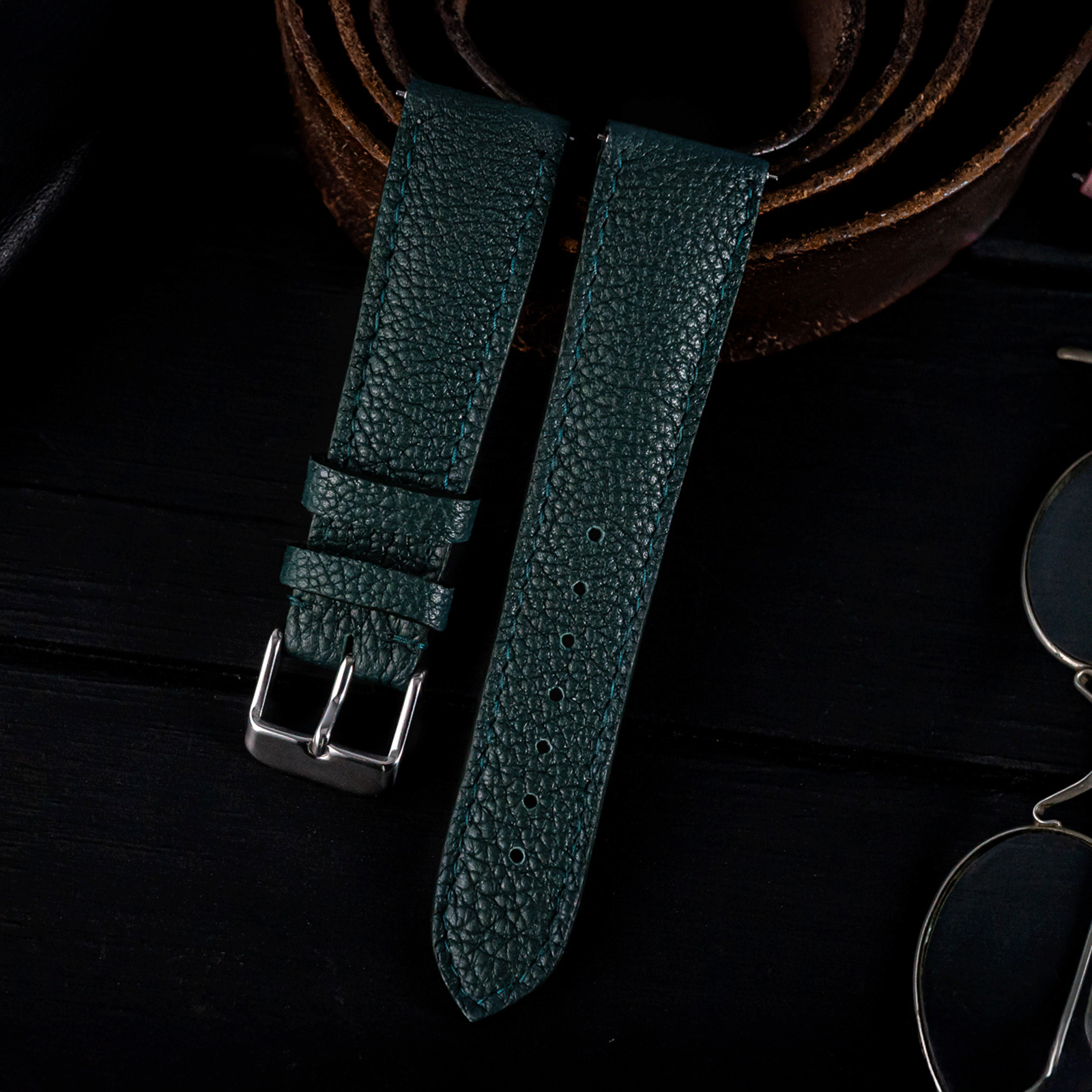 Green Italian Safian leather Handmade watch strap, lifestyle photo