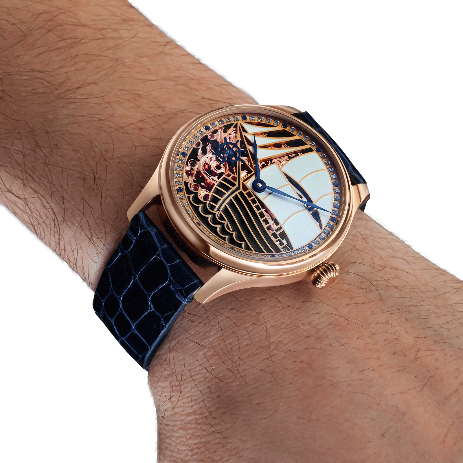 Luxury watch San Marino with intricate design on a mens wrist 