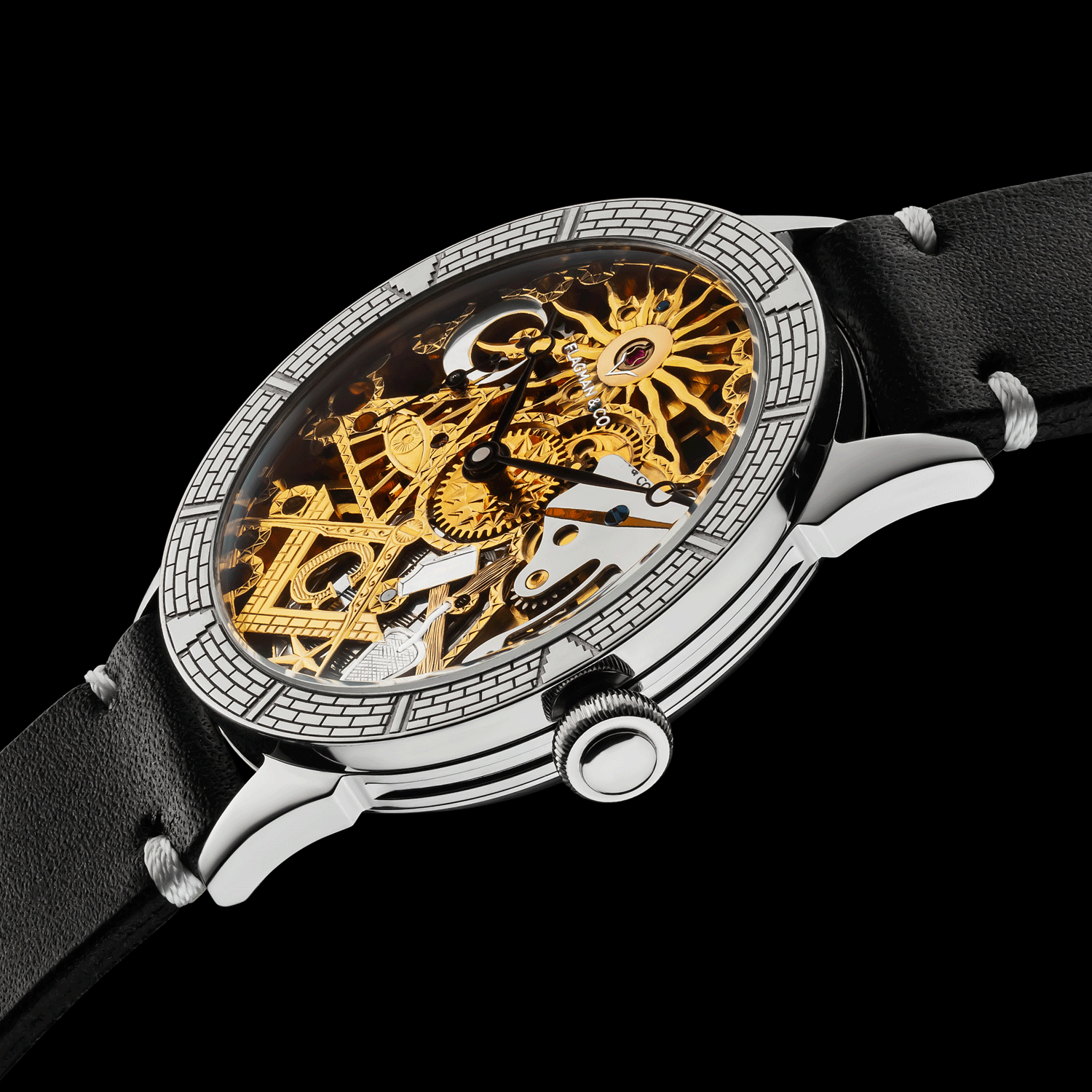 Front view detail of Temple handmade skeleton watch