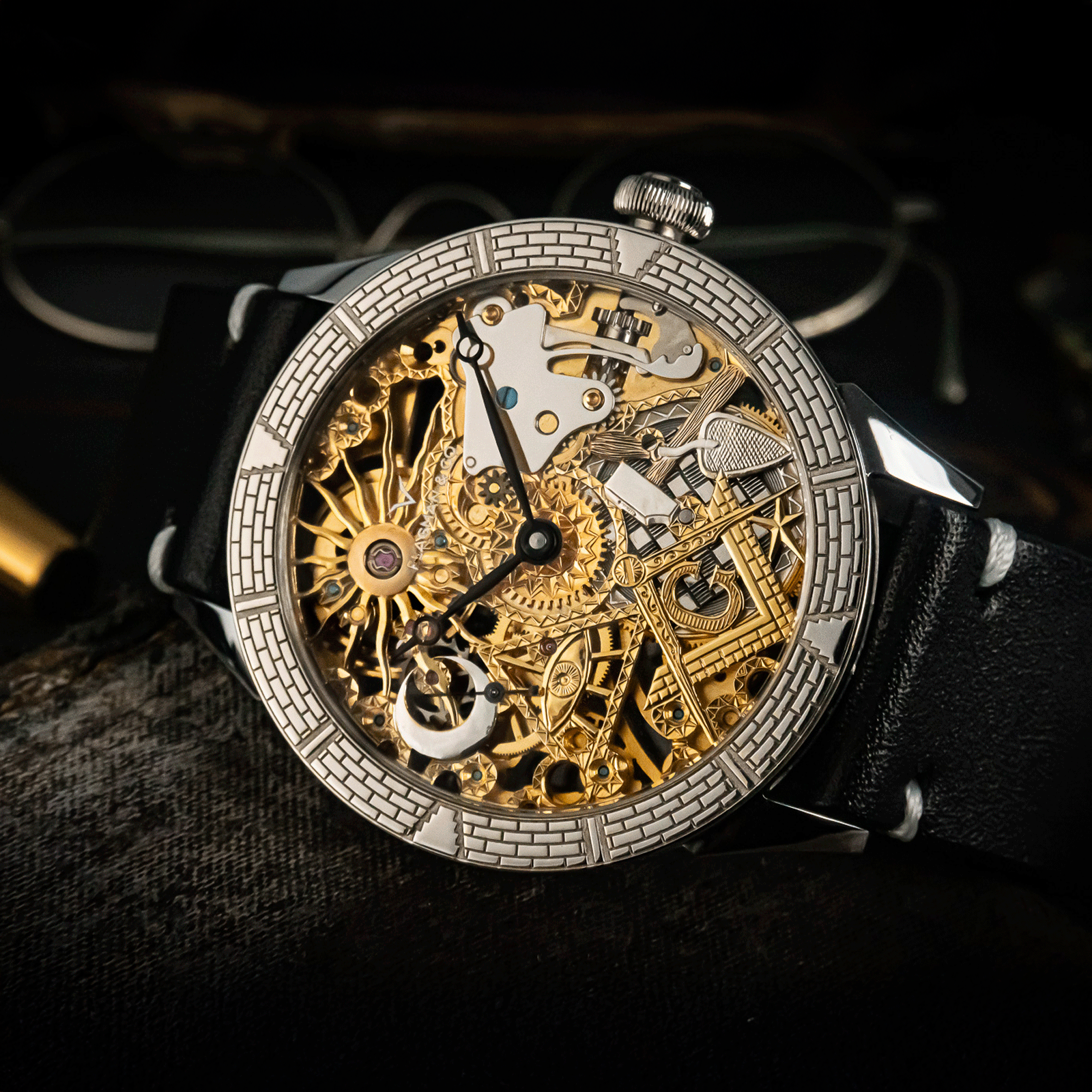 Close-up view of Temple Masonic watch with gold- and silver-plated skeleton dial.