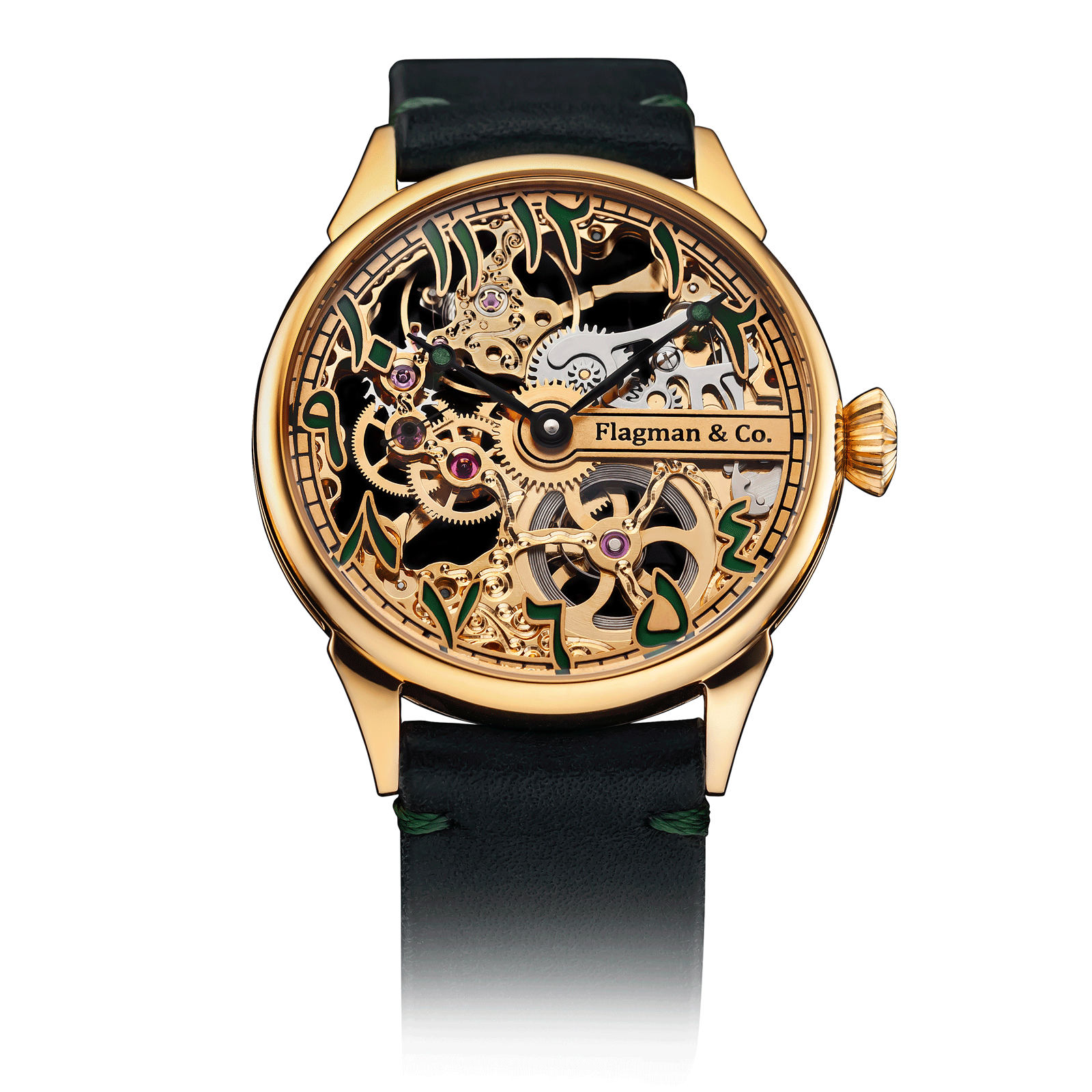 Arabic Emerald watch with Green Leather Strap – Skeleton Watch #color_green