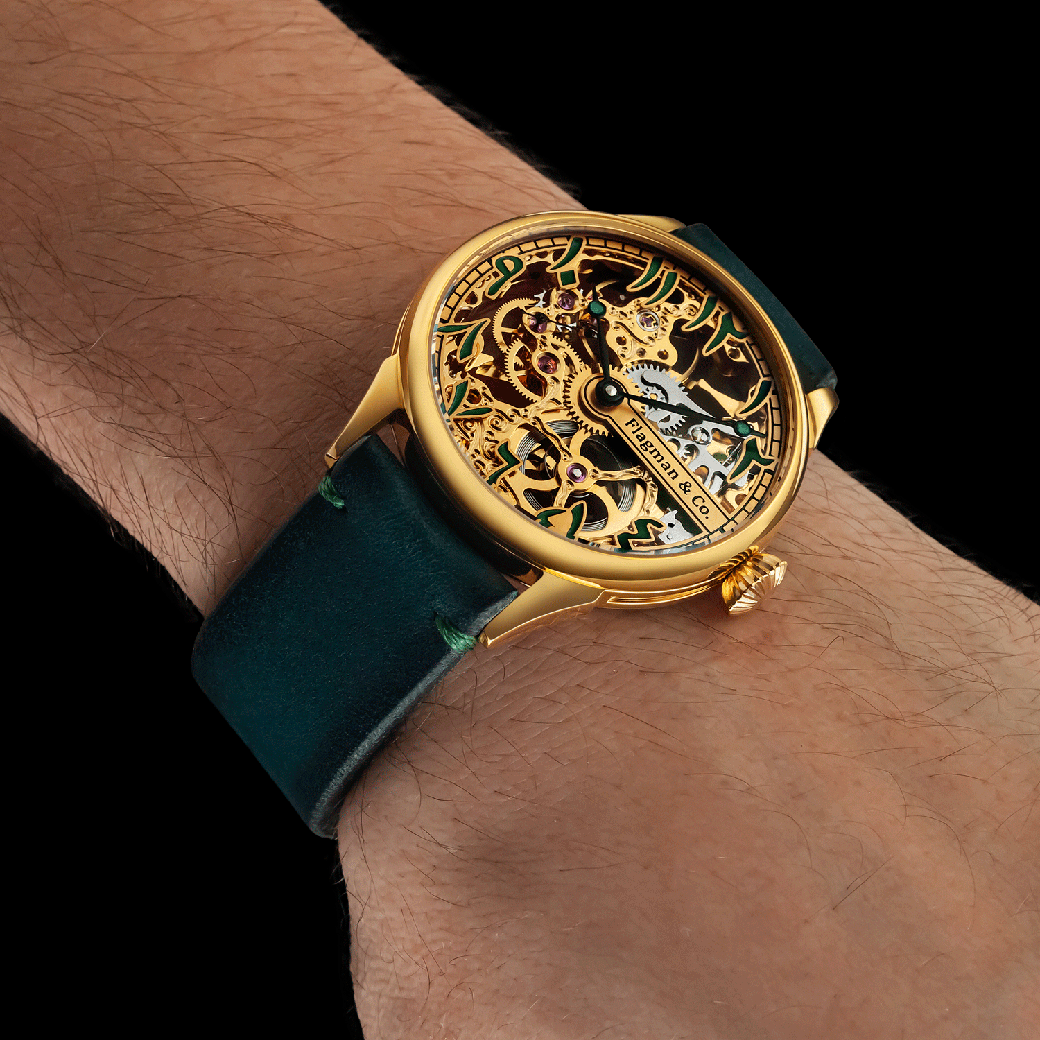 Front view of skeleton watch worn on wrist - Arabic Emerald