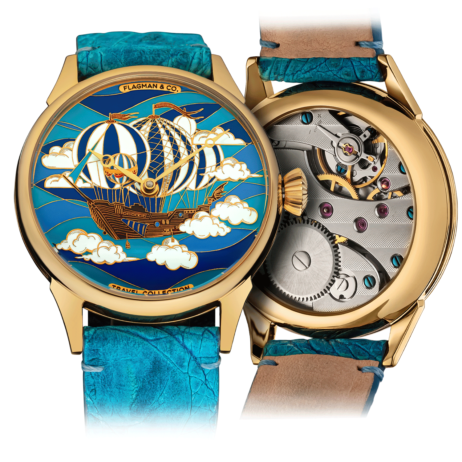 Front and back view of a designer Art Deco watch, featuring enamel dial details and a polished case design