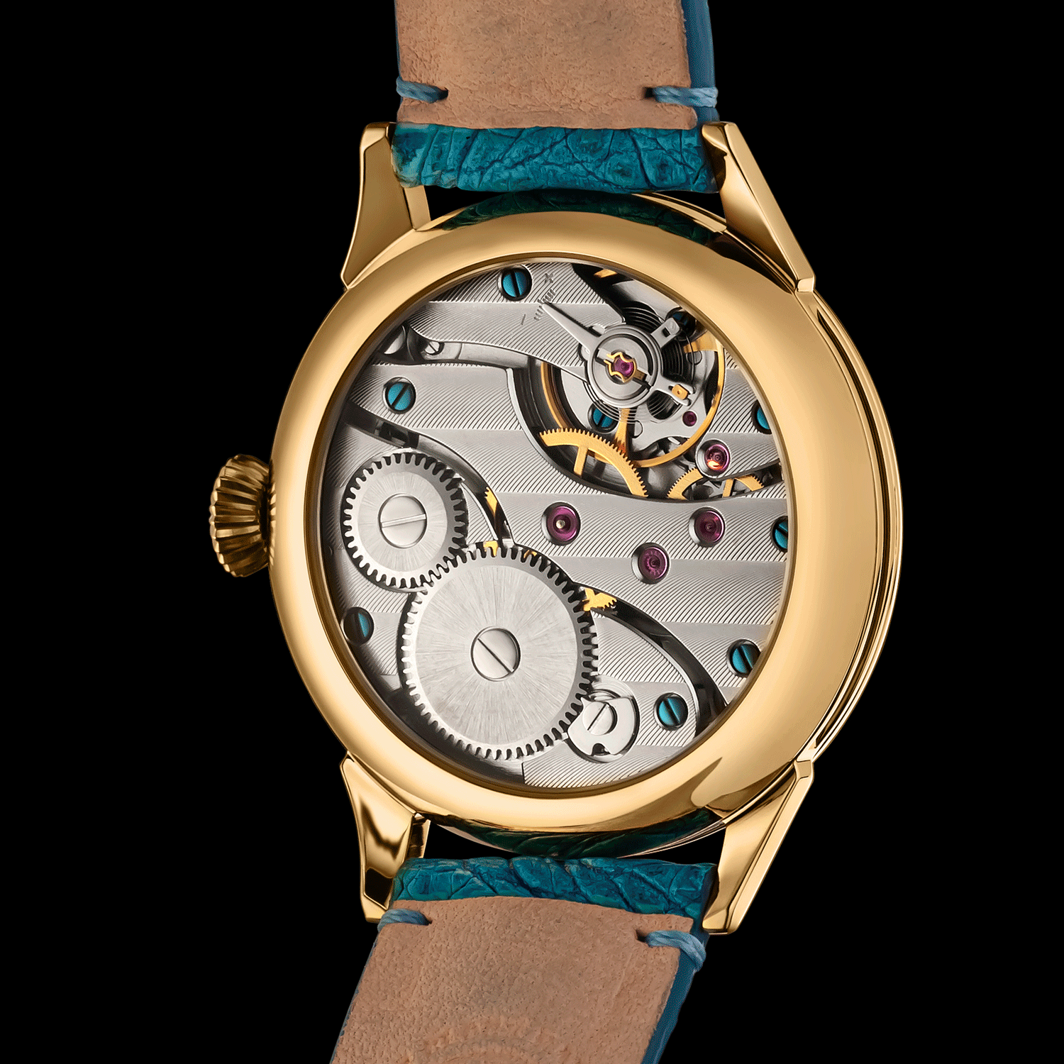 Rear view of handmade watch showing open caseback and movement - Airship