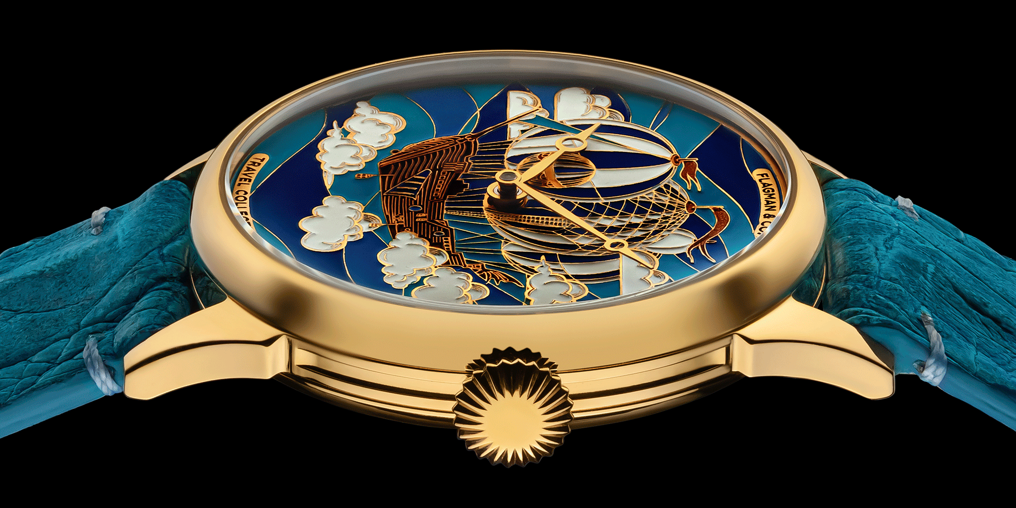 Handmade watch with intricate design and blue strap on a black background