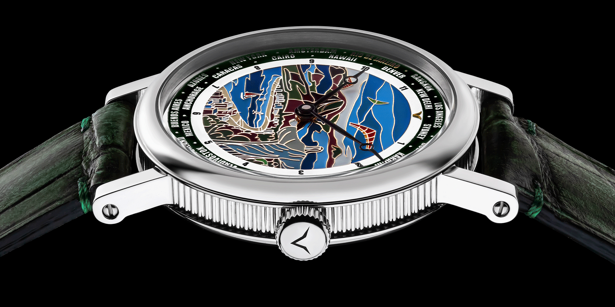 Mechanical watch with intricate design on the dial against a black background