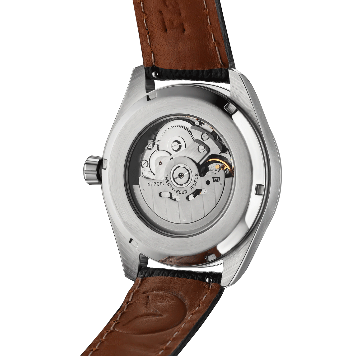 Gambling Watch with black leather strap and visible mechanical components on a white background