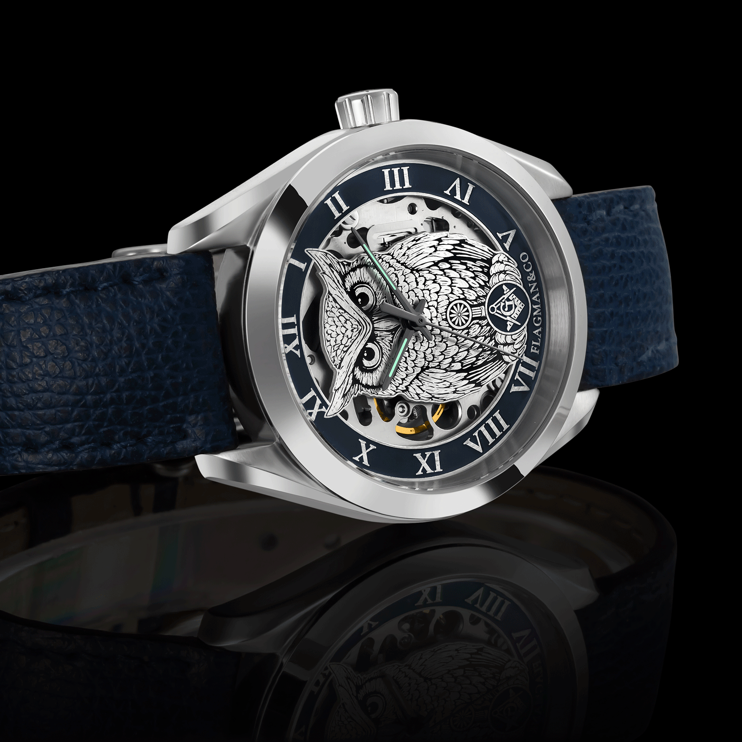 Skeleton Watch with detailed face and blue strap on a reflective surface