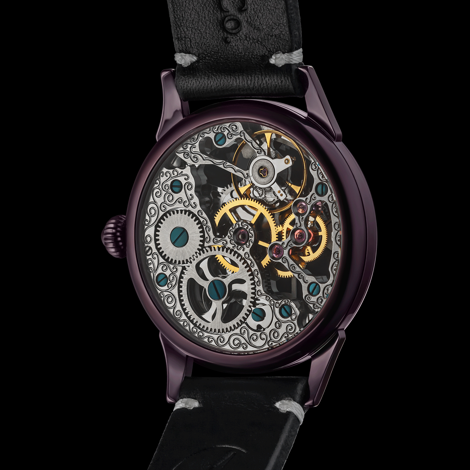 Handmade Watch with visible mechanical components on a black background