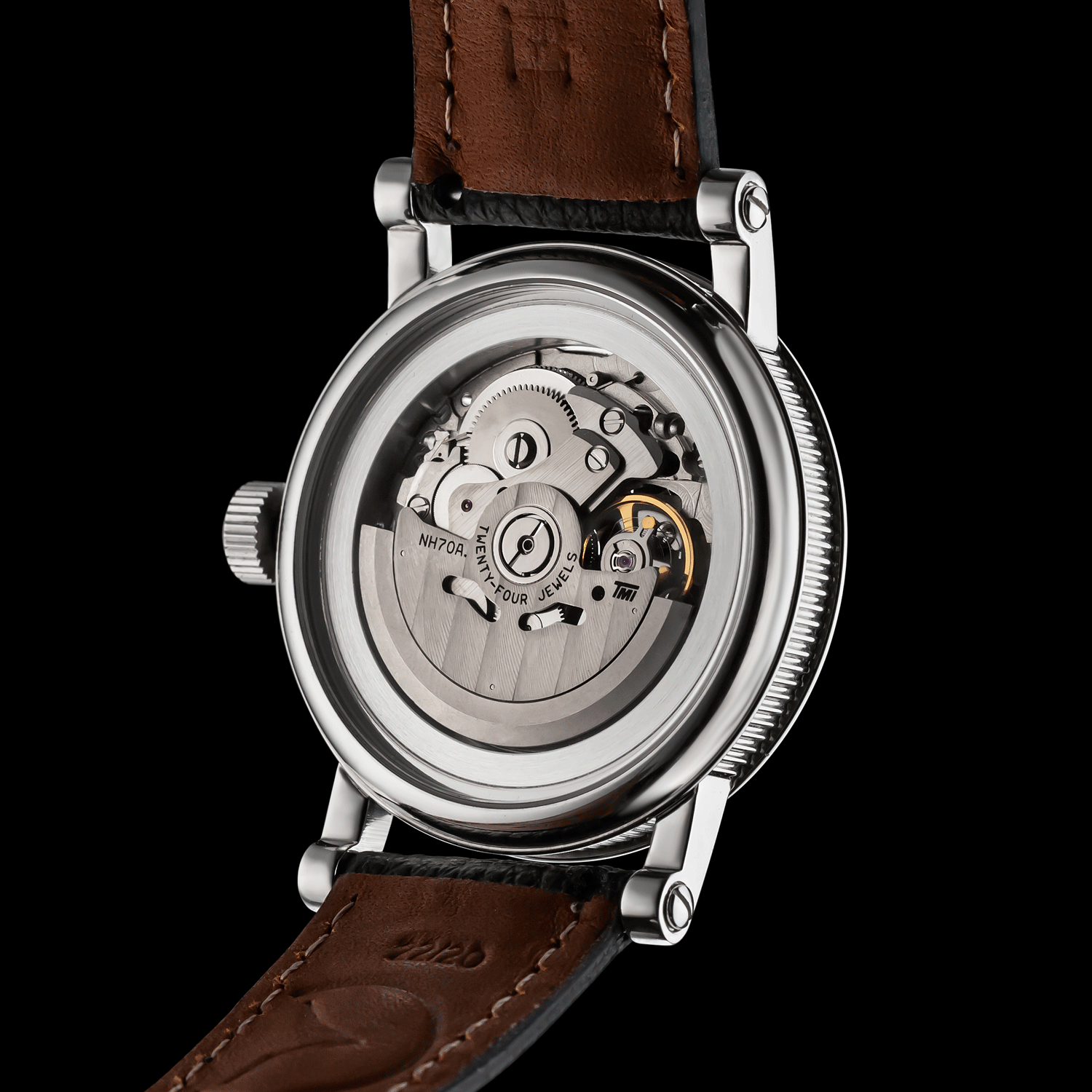 Rear view of Chess Skeleton Watch  showing open caseback and movement