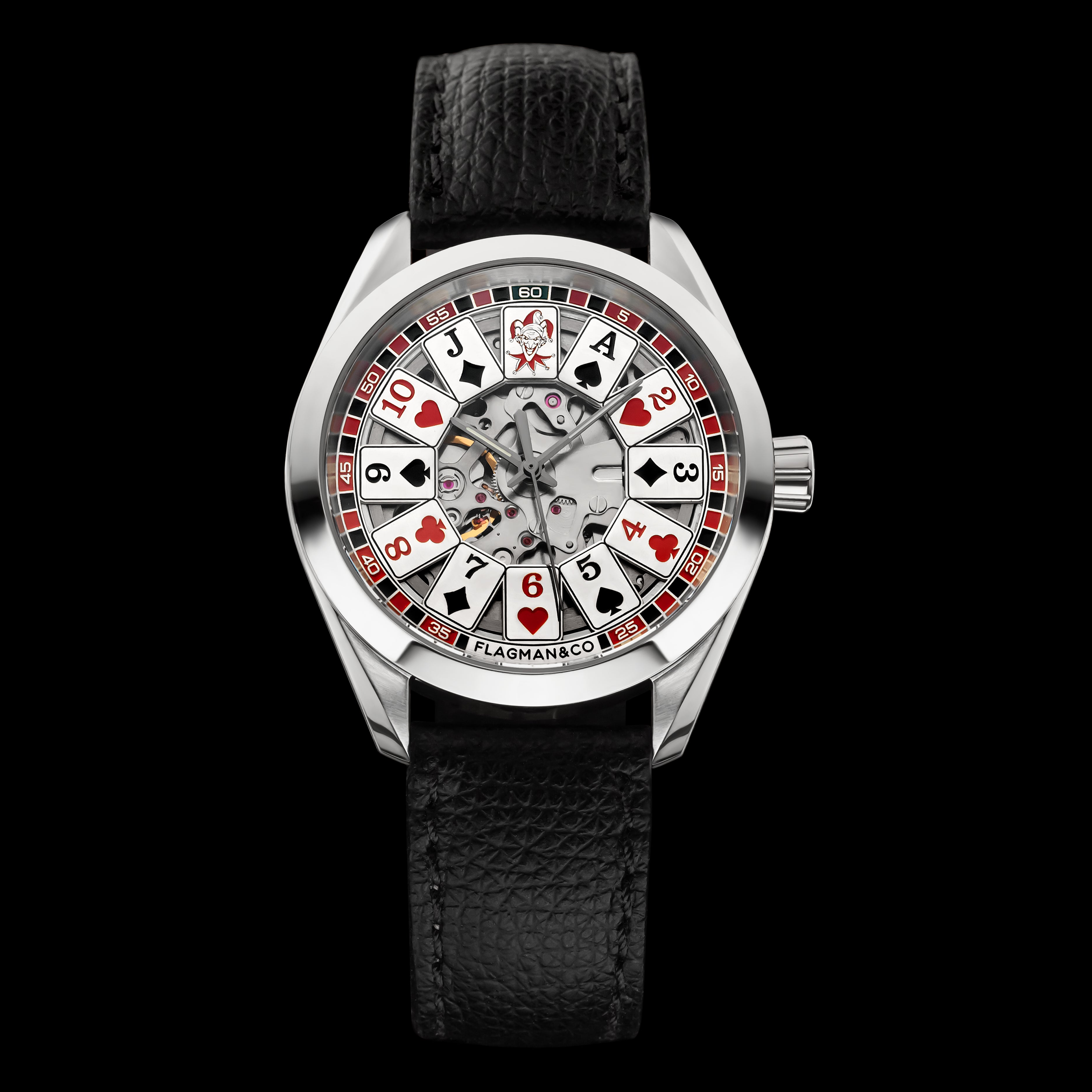 Close up view of black Safian leather watch strap on mechanical watch