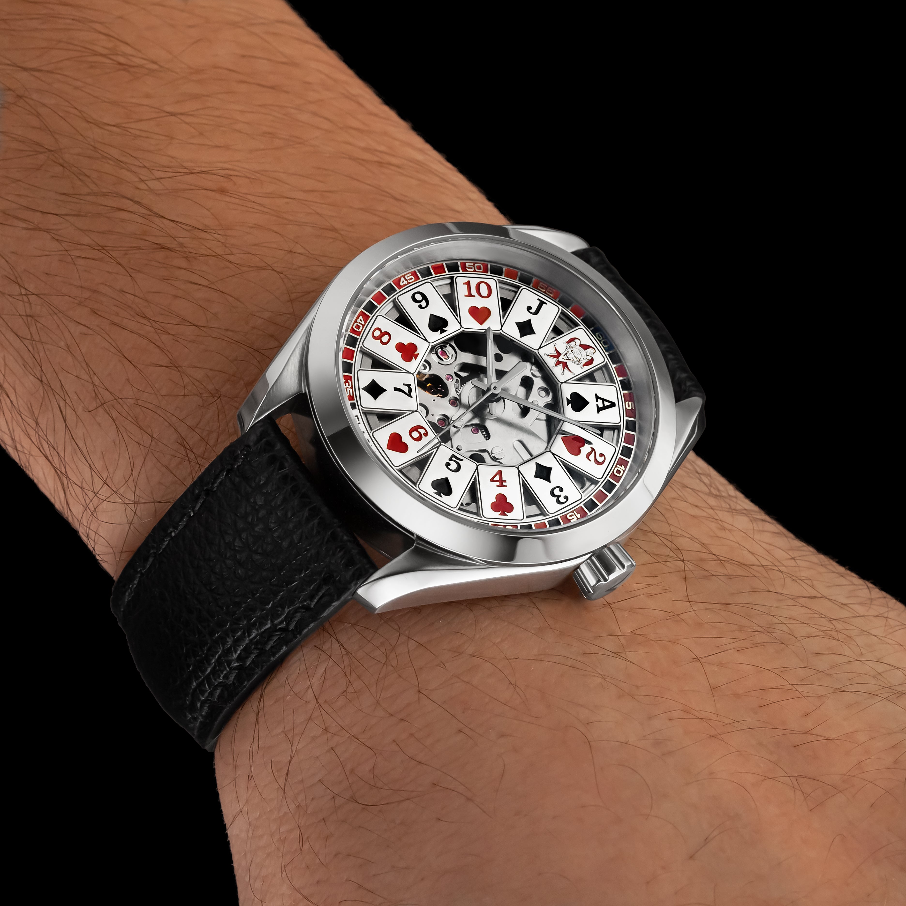 Front view of handmade genuine Safian leather strap black on watch, worn on women wrist