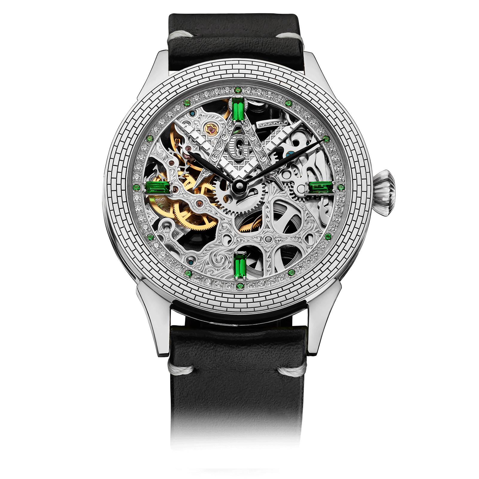 Luxury watch with black leather strap and visible mechanical components on a white background #color_black