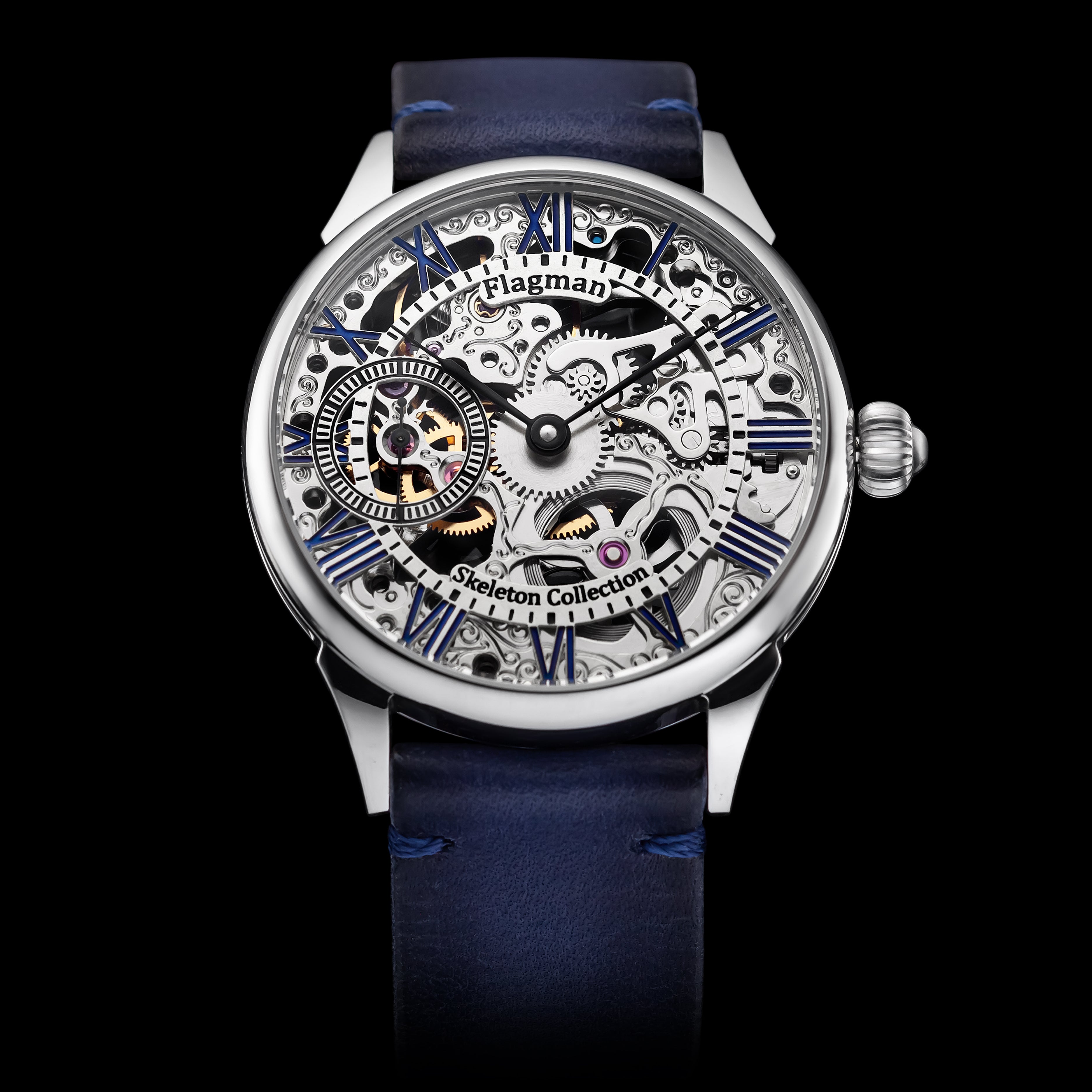 Close up view of blue Pueblo leather watch strap on mechanical skeleton watch