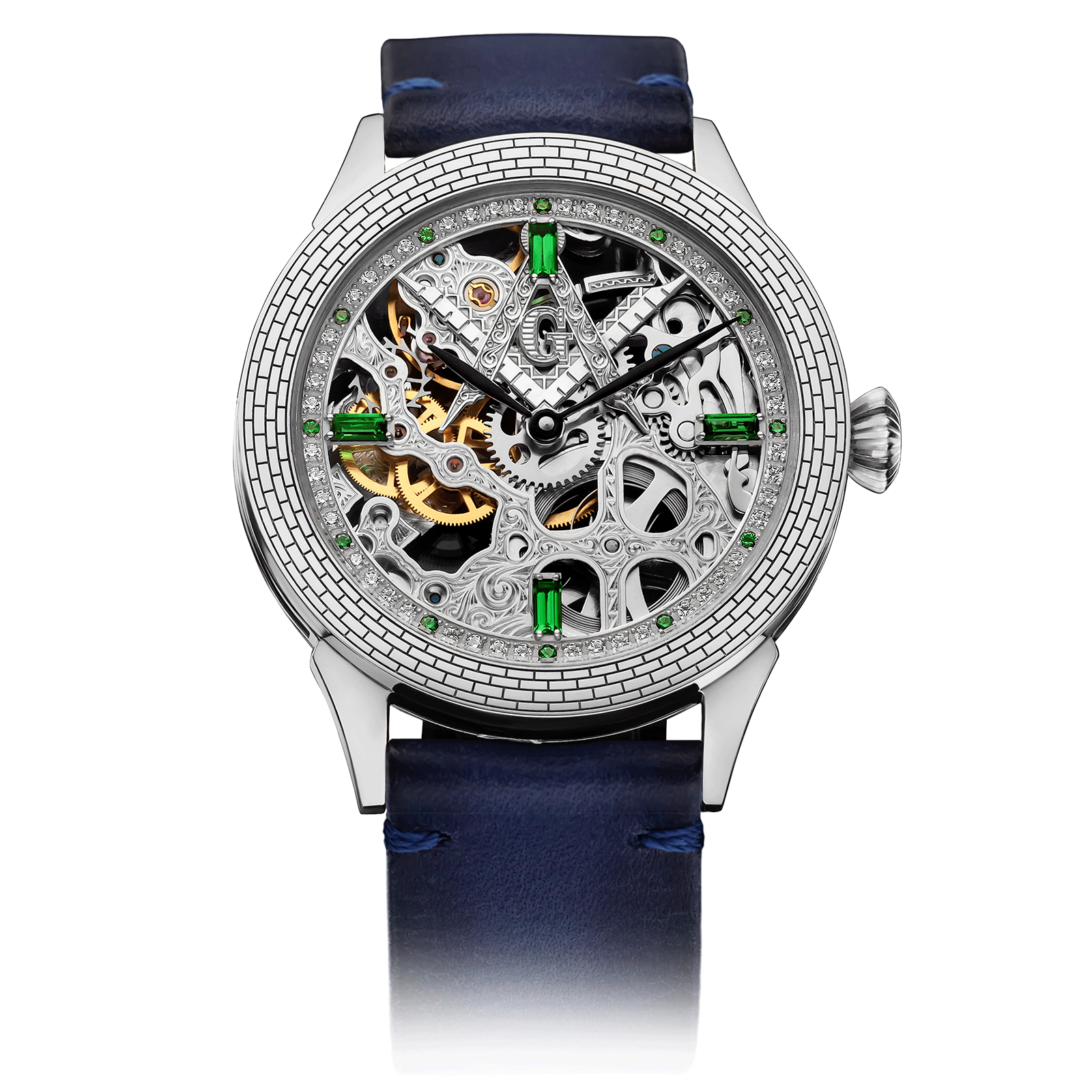 Handamade watch with blue strap and visible mechanical components on a white background #color_blue