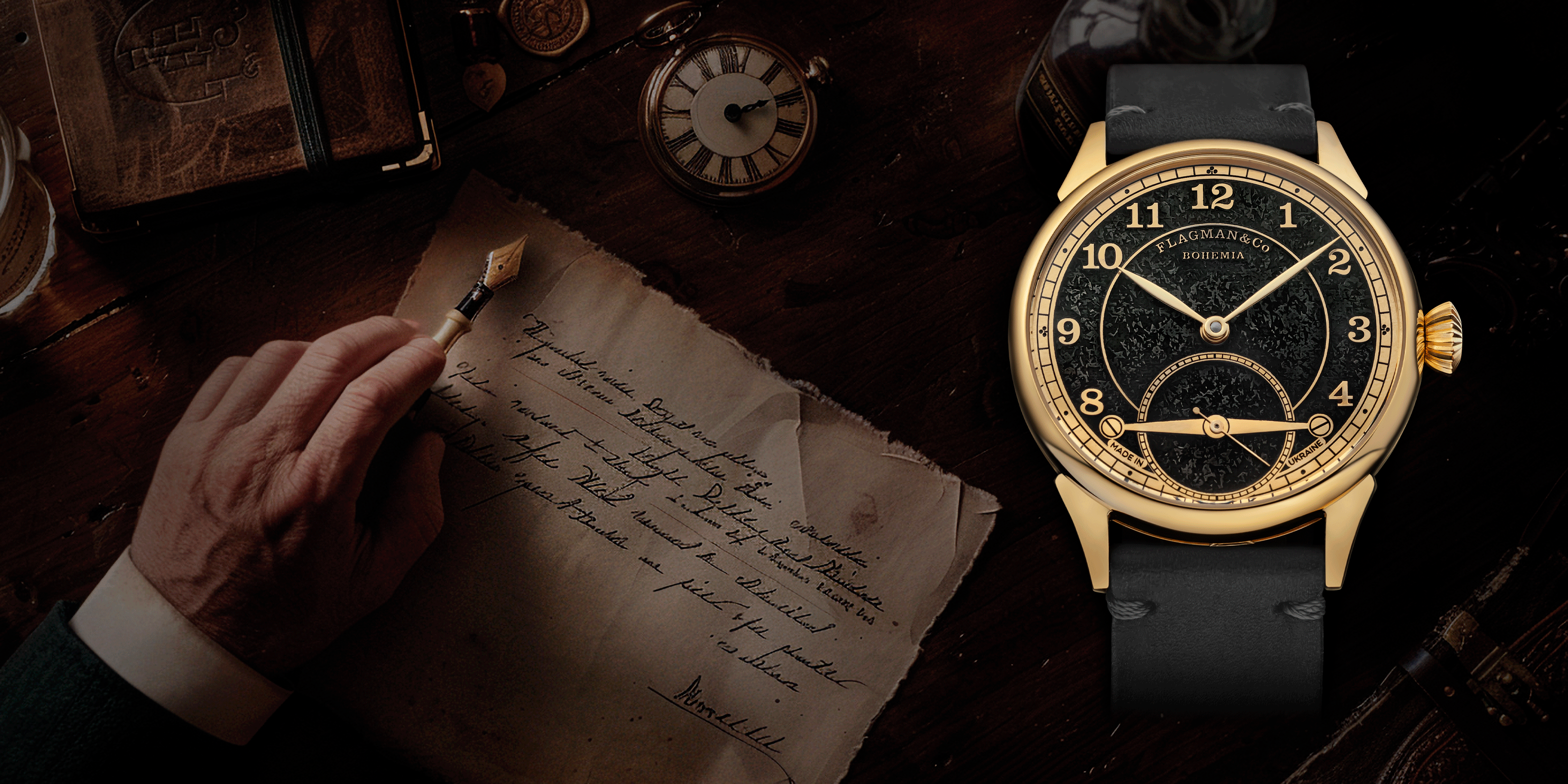 Desktop banner for the Bohemia collection featuring handcrafted watches with artistic and bohemian-inspired design