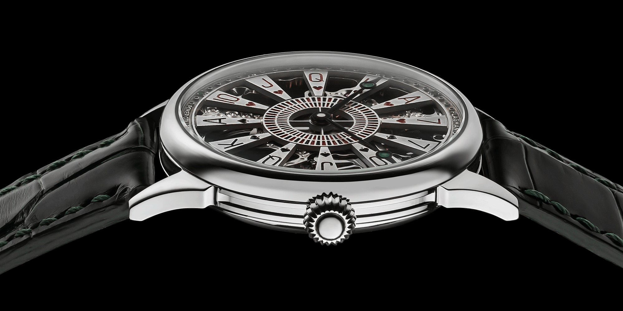 Close-up of casino-themed skeleton watch crown – worn on wrist, handcrafted detail - Card Aethestics
