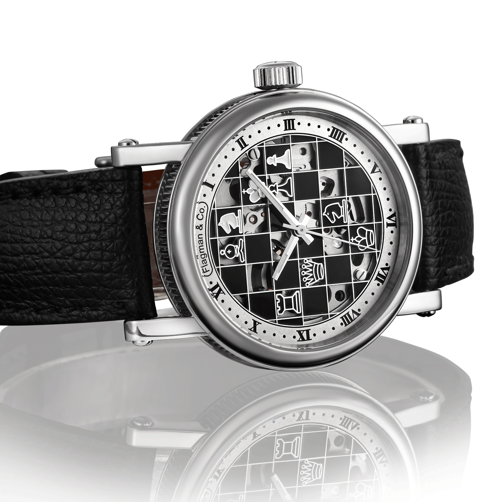 Checkmate mini Black - chess skeleton watch- side close up view