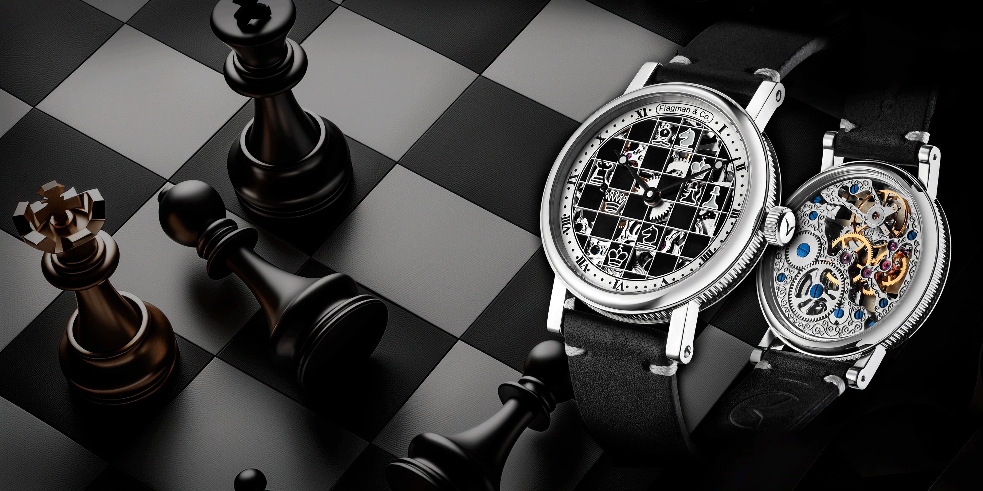 Desktop banner for the CheckMate collection featuring skeleton watches inspired by chess and strategic design elements