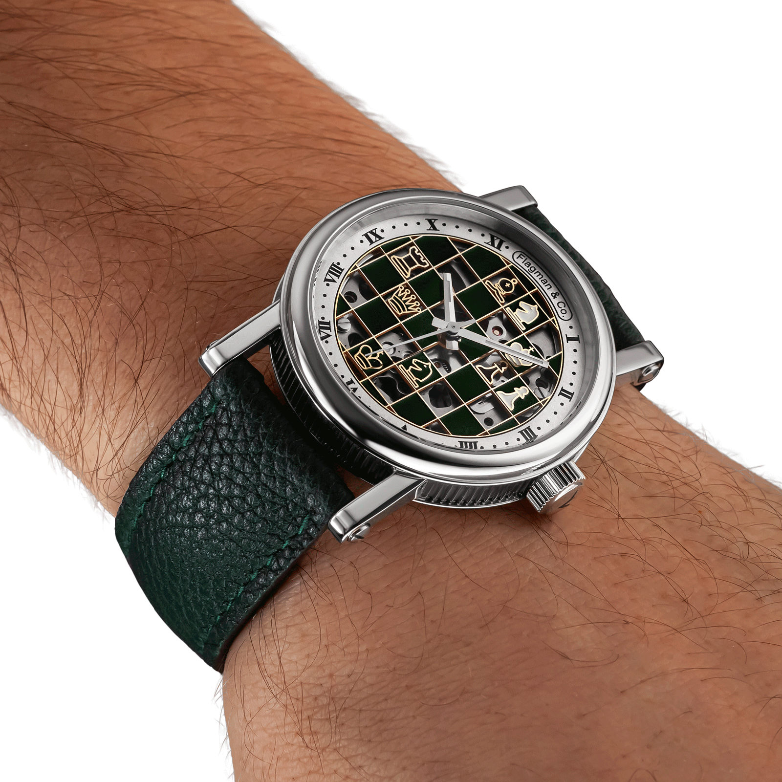 Checkmate mini Green handmade watch worn on wrist