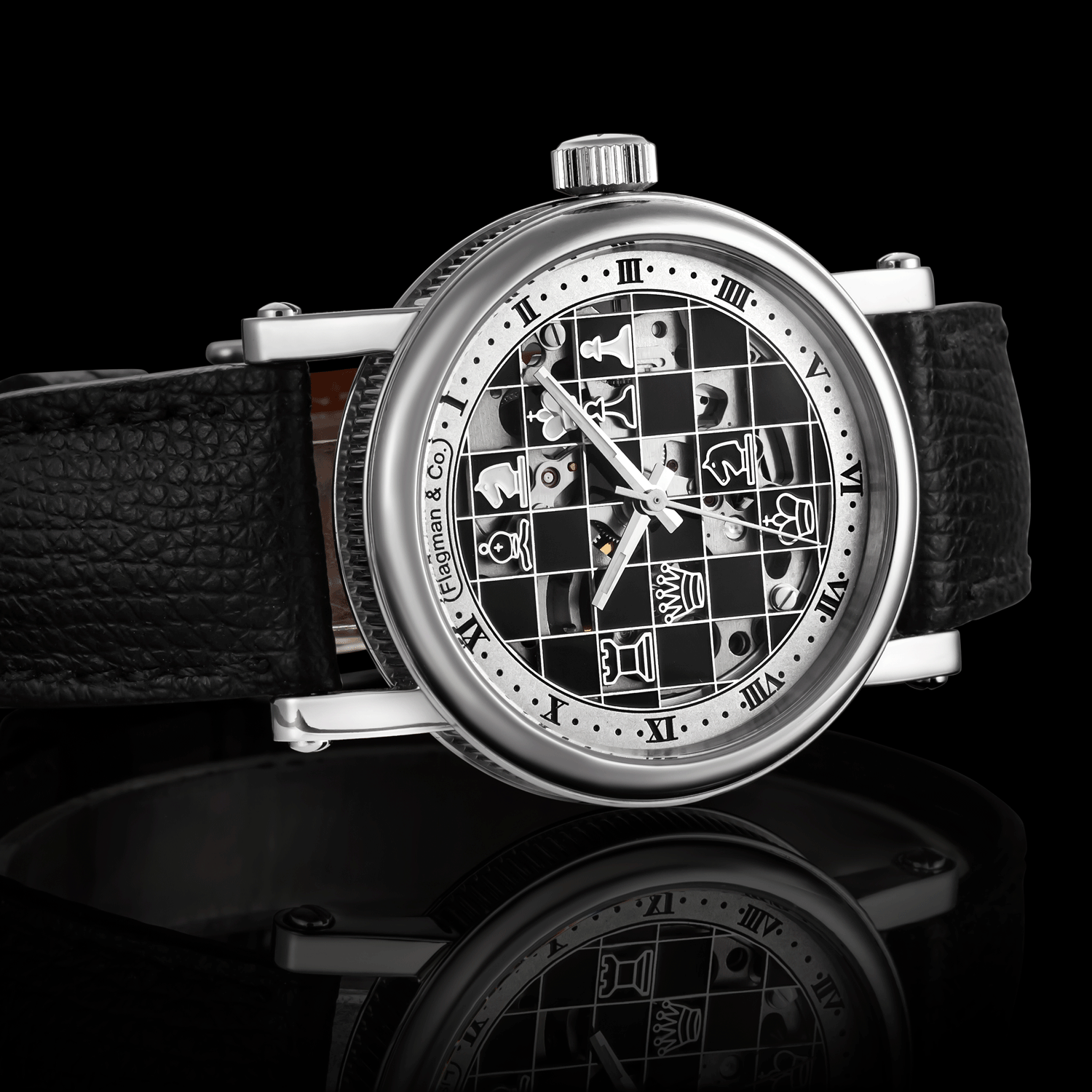 Front view detail of checkmate Automatic skeleton watch