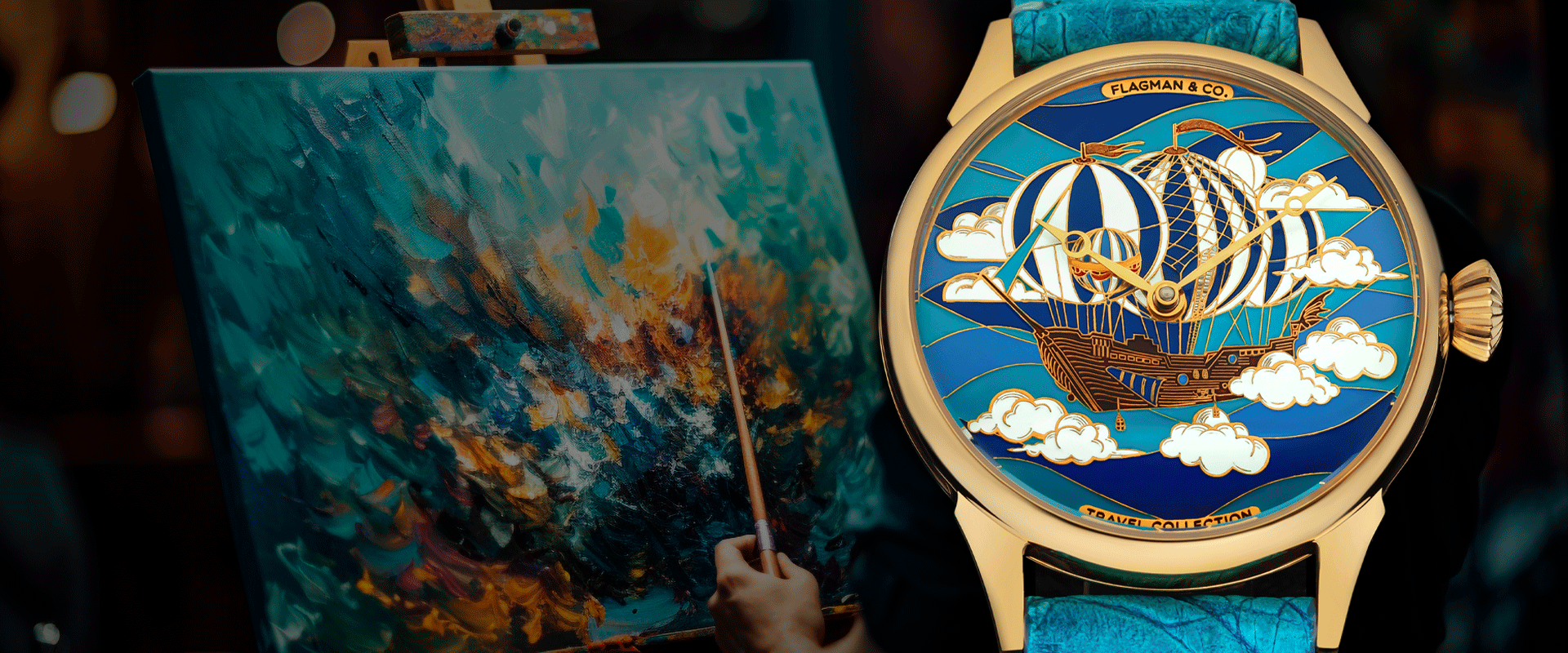 Watch with artistic design next to a painting