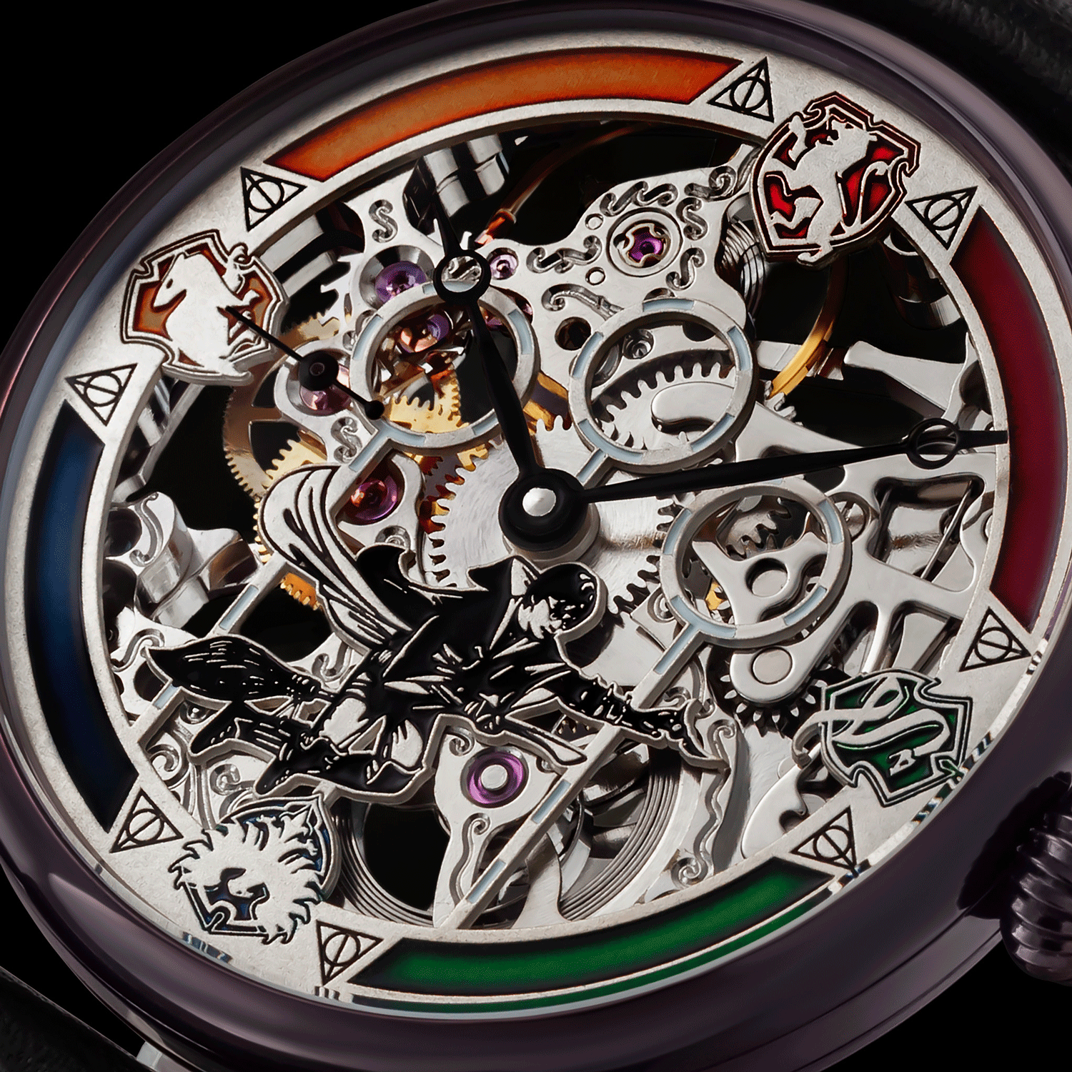 Close-up of a Skeleton mechanical watch with intricate gears and designs.