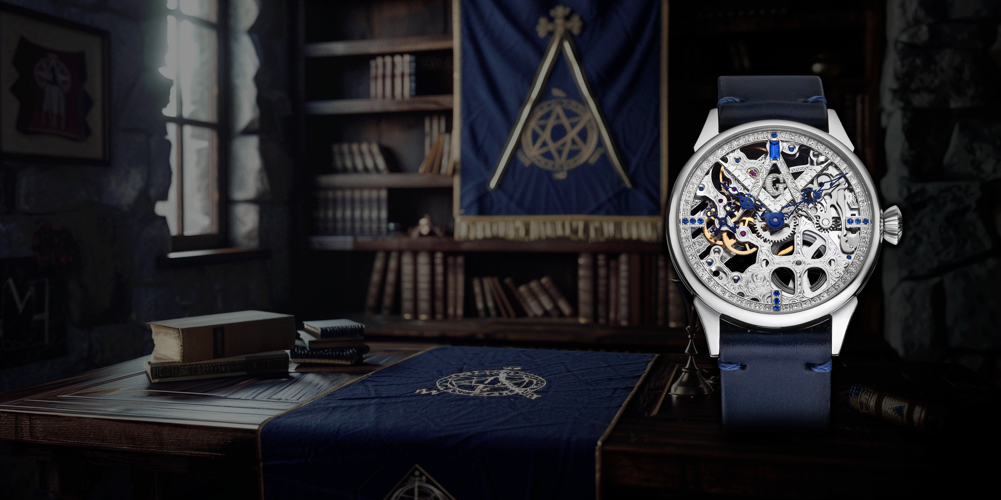Desktop banner for the Freemason collection featuring handcrafted skeleton watches with Masonic symbolism