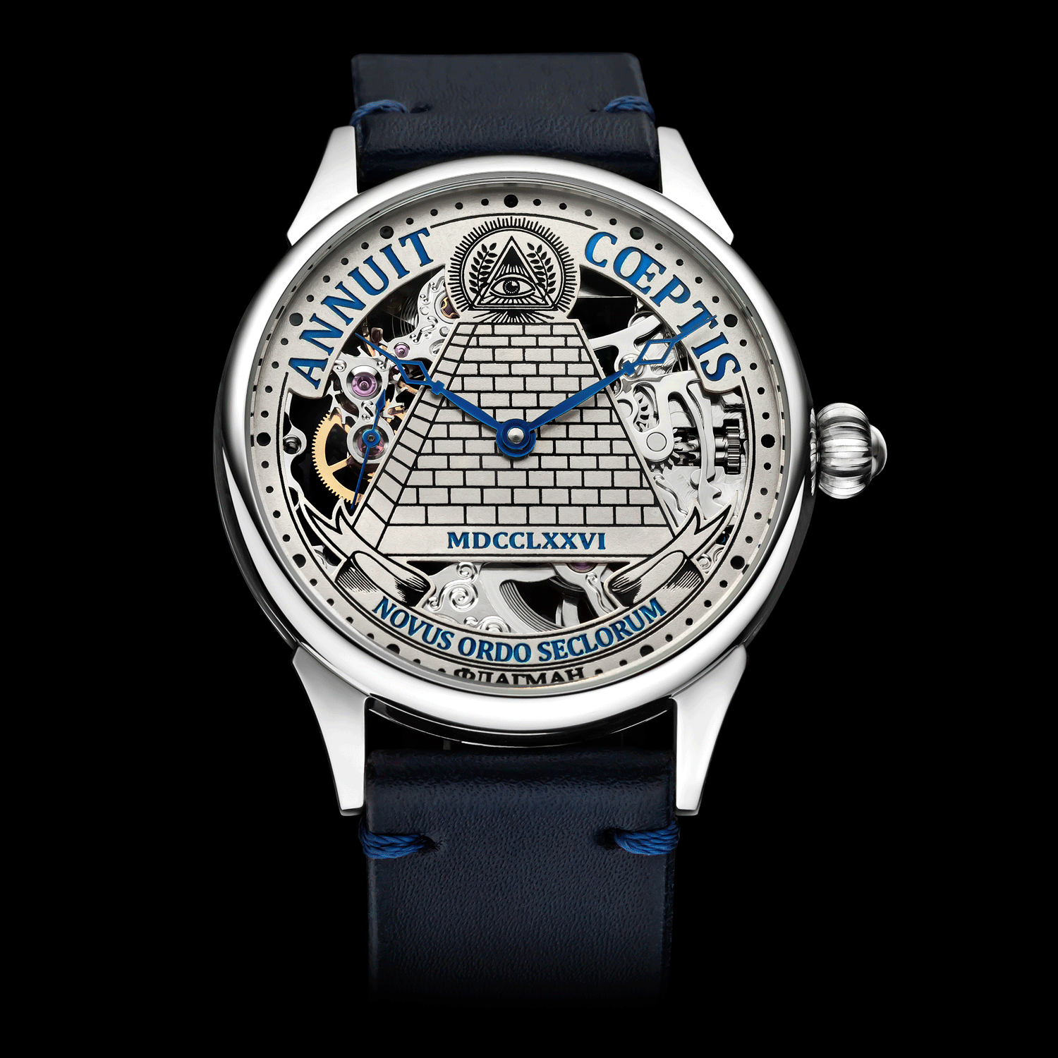 Skeleton masonic watch with intricate design and blue strap on black background