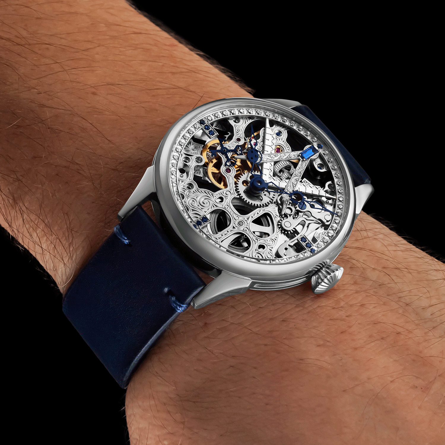 Front view of skeleton watch worn on wrist