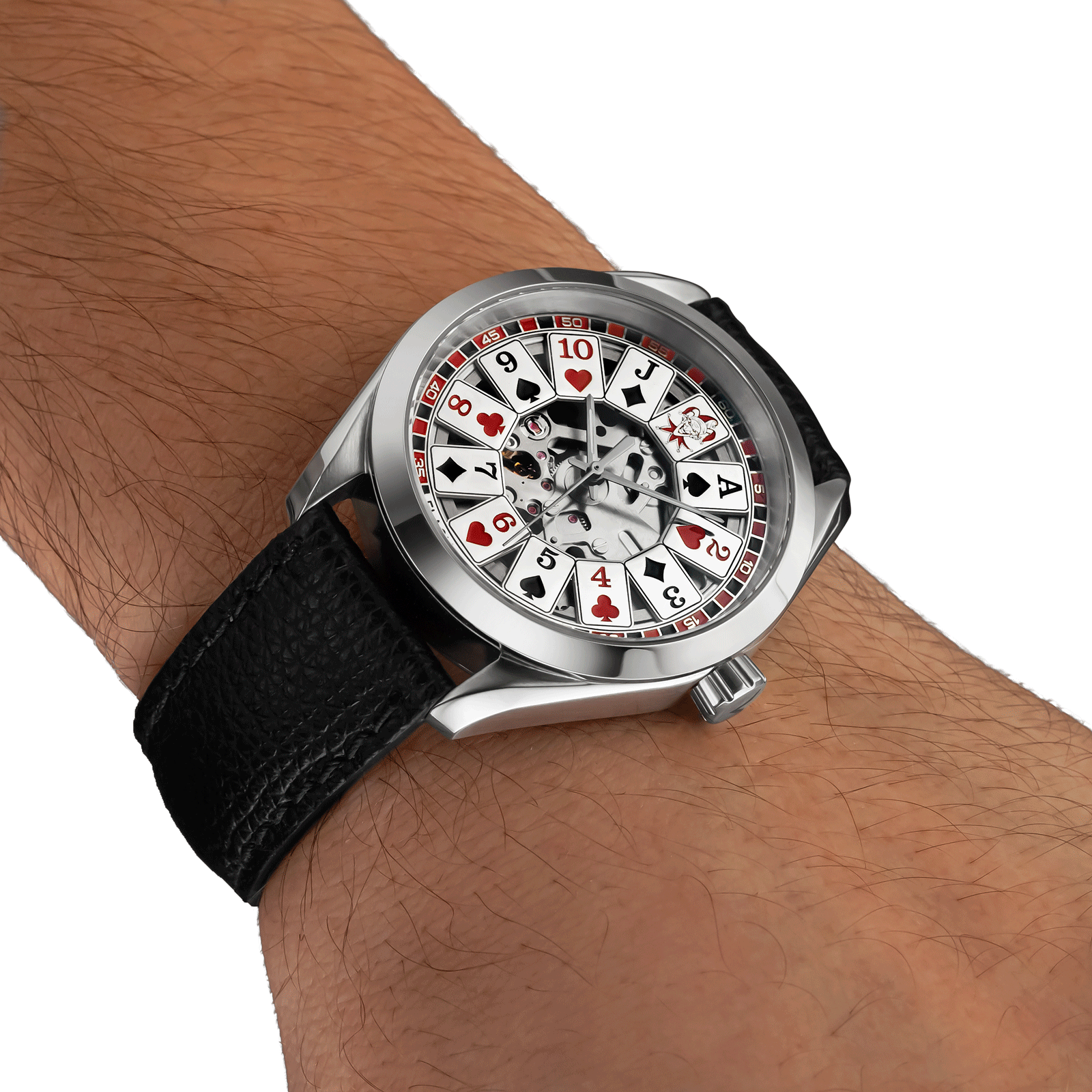 Casino watch Gambler worn on wrist – handmade style with exposed mechanical movement