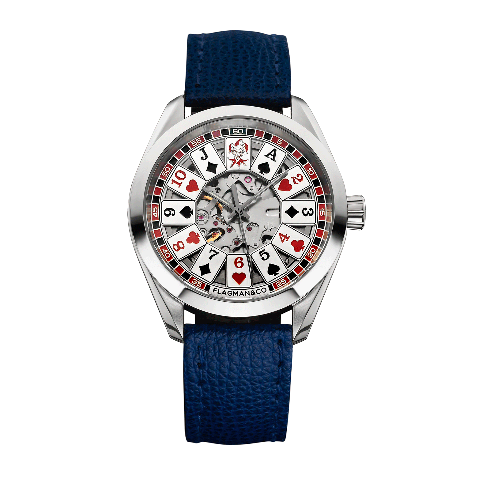 Skeleton Watch - Gambler, on Blue leather Strap #color_deep blue
