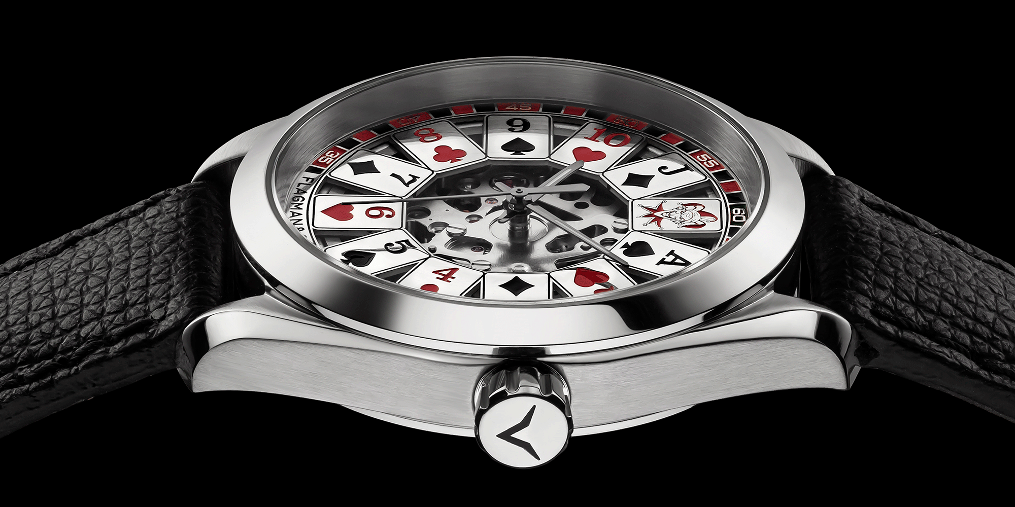 Close-up of poker-themed skeleton watch crown 