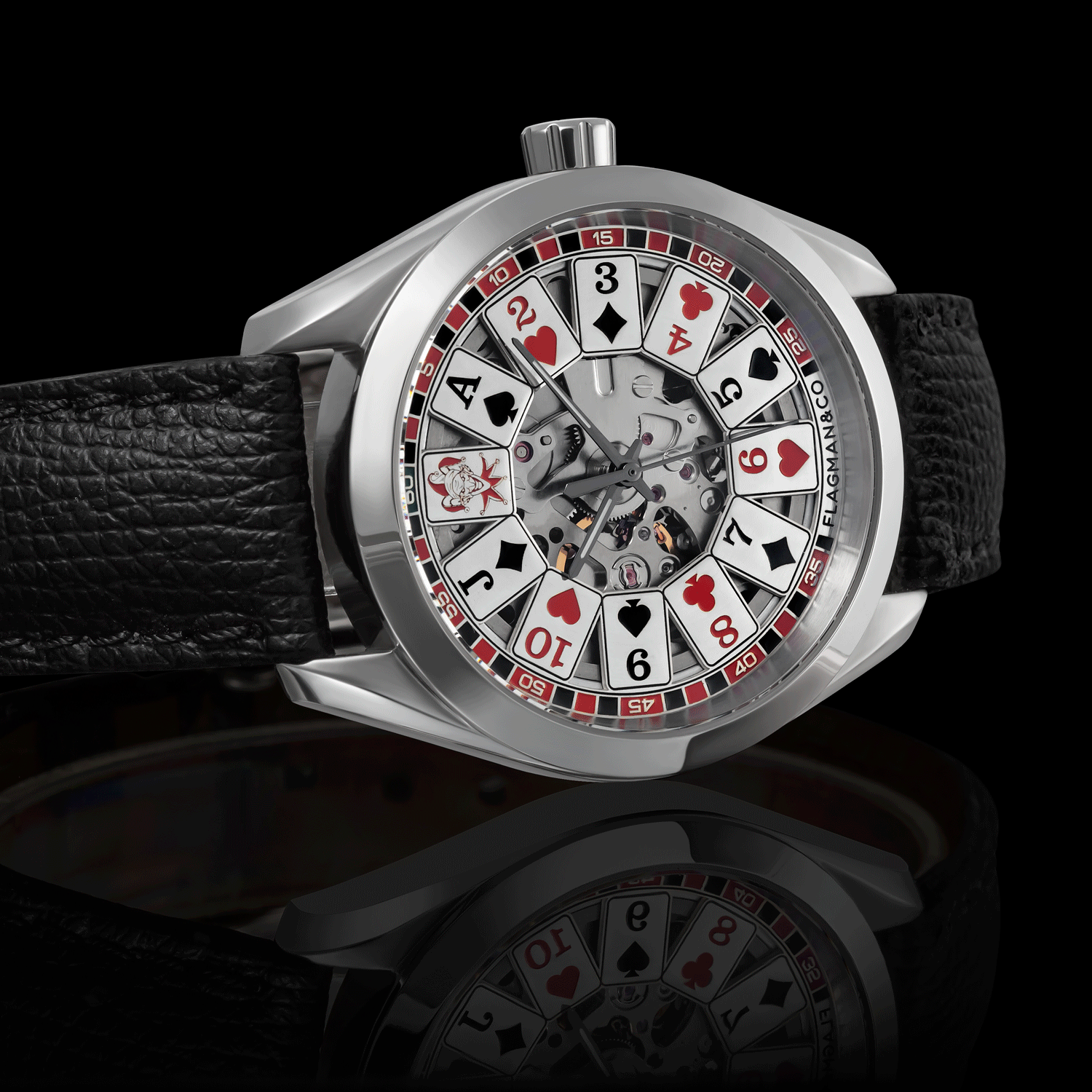 Front view detail of Gambler poker skeleton watch