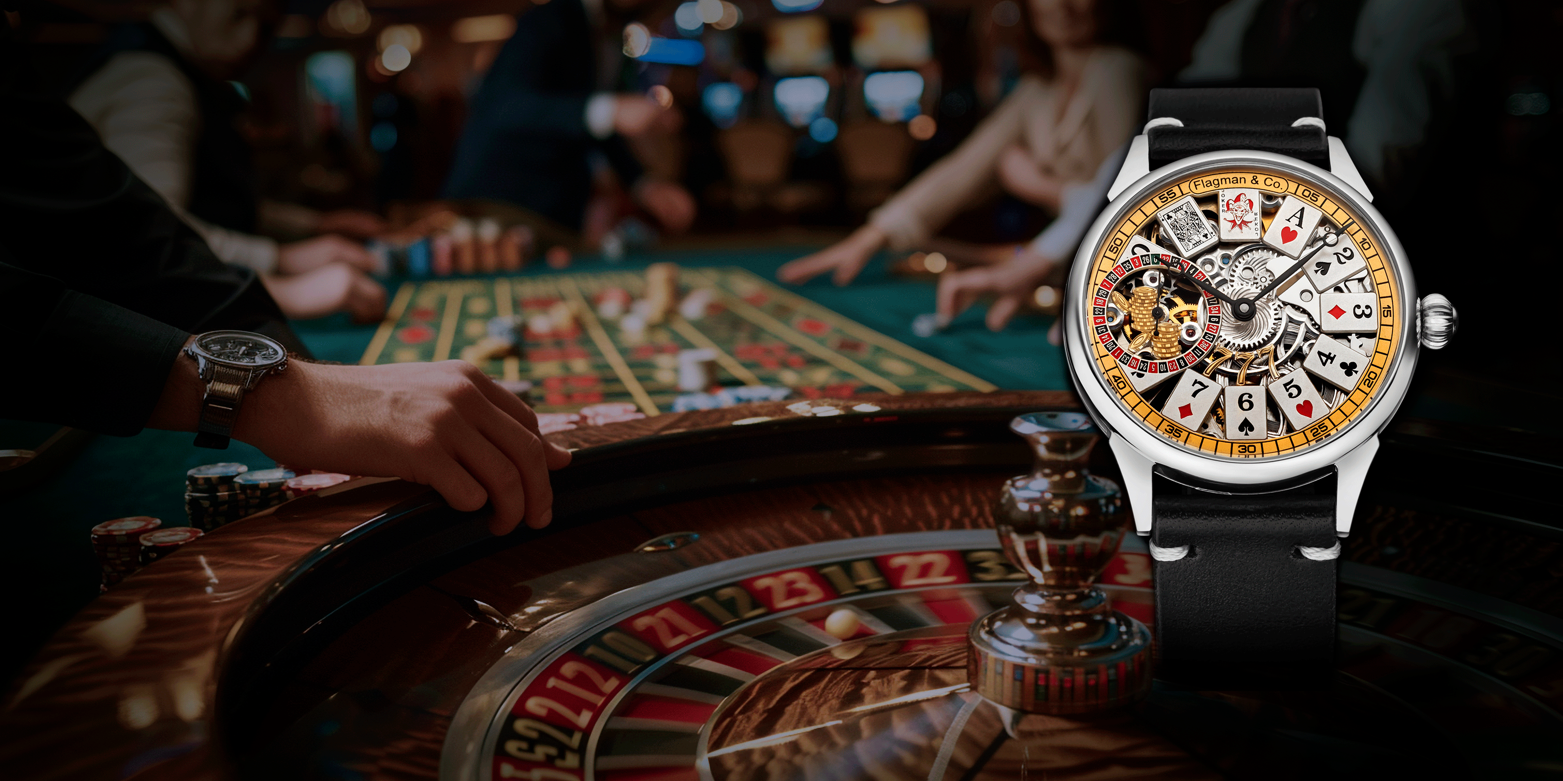 Desktop banner for the Gambling collection featuring handcrafted skeleton watches inspired by poker and casino themes