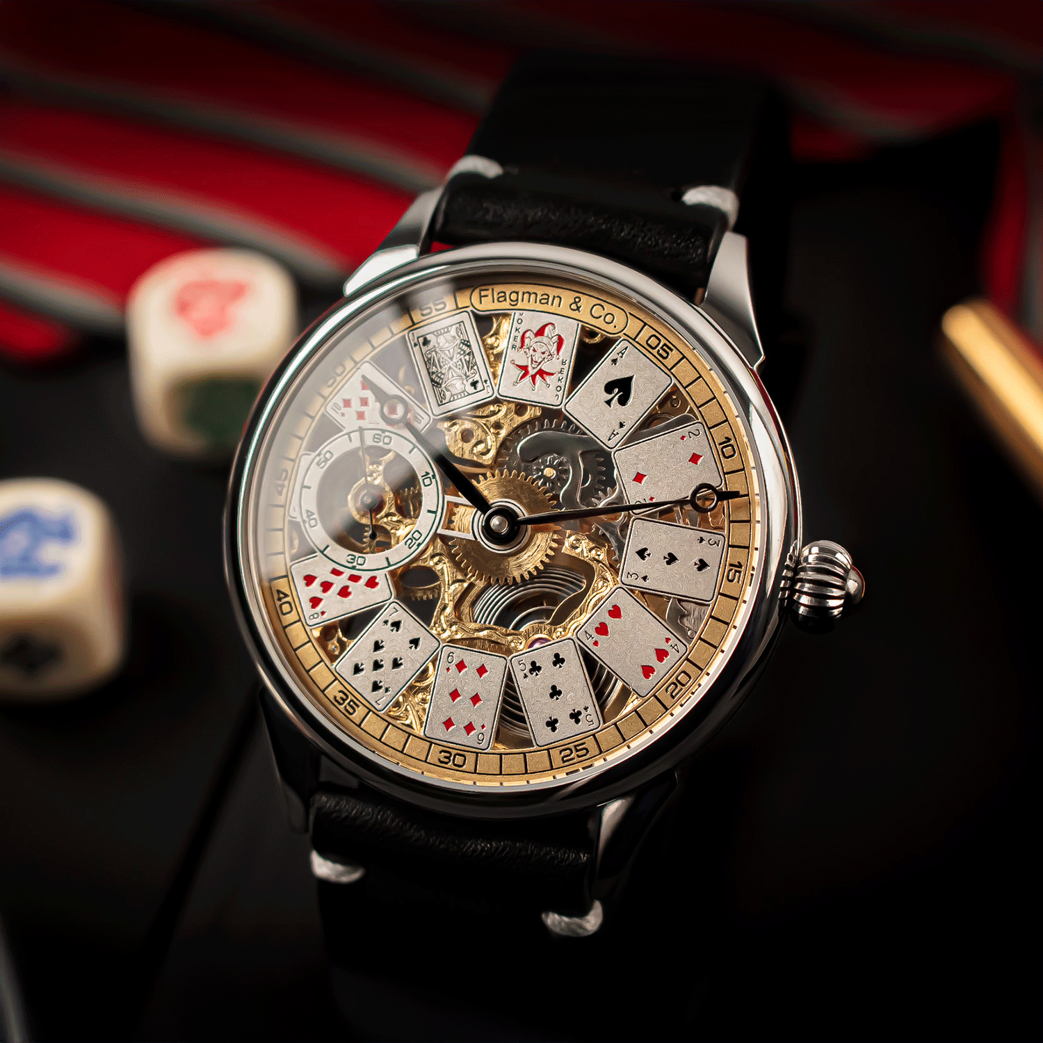 Luxury skeleton watch from the Gambling collection, featuring a poker-themed dial with playing card engravings