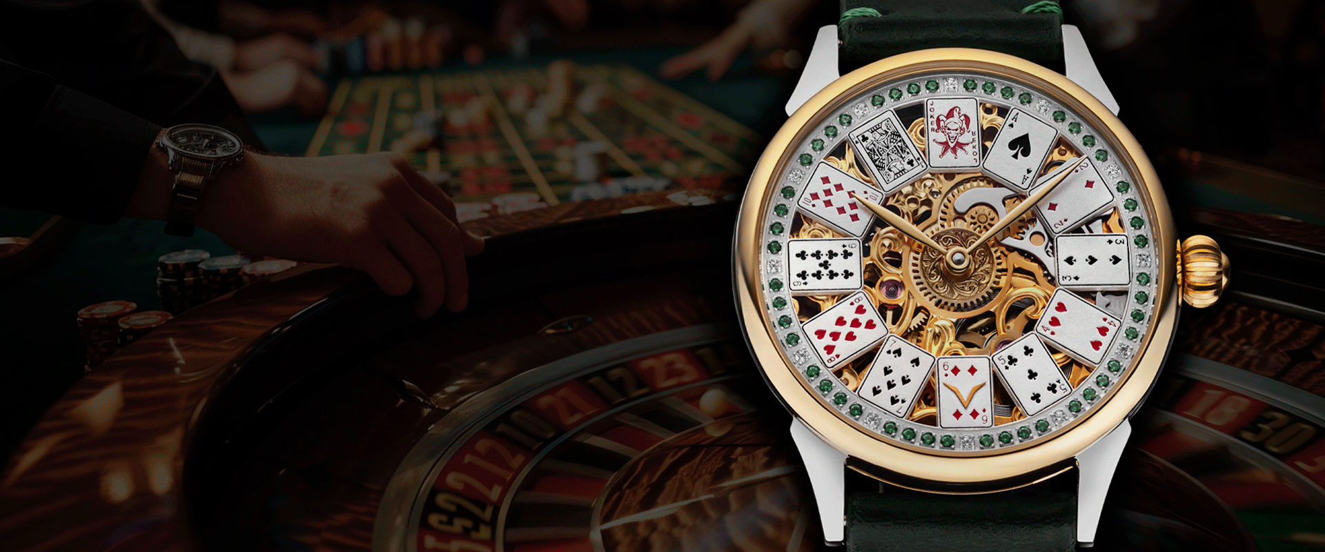 Why Gambling collection banner – handmade poker skeleton watch with exposed movement