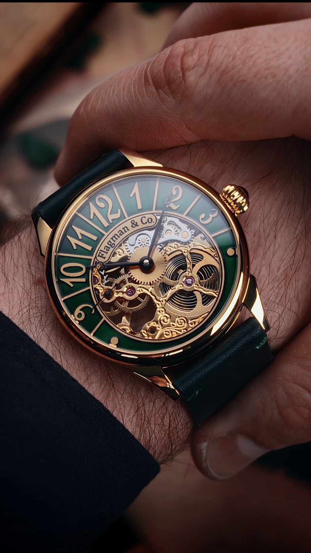 Handmade Skeleton Watch - Emerald Arc - Lifestyle Photo