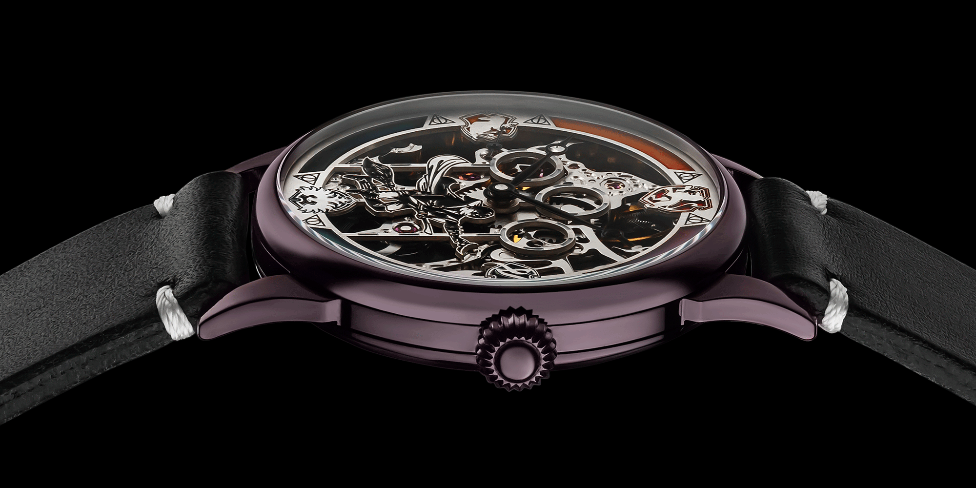 Watch with a black strap and intricate face design on a black background